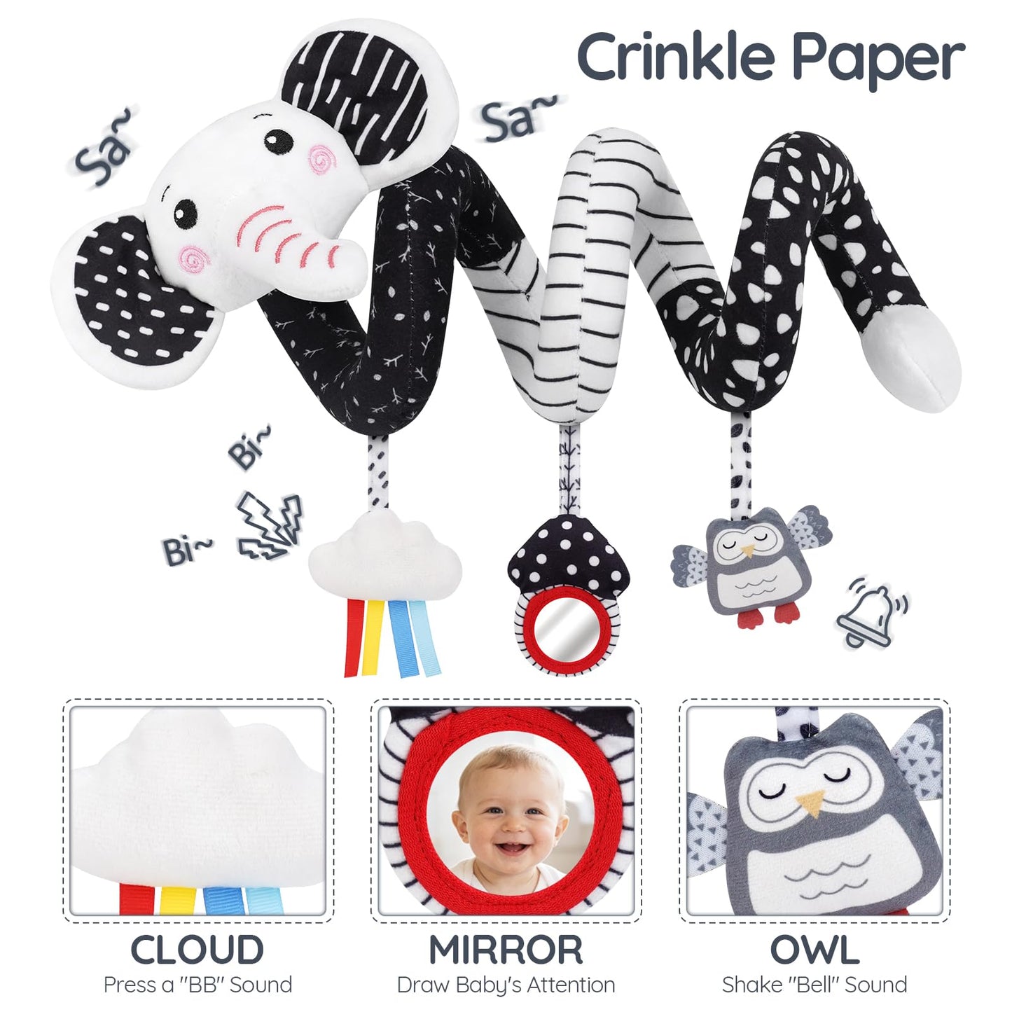 Joyreal High Contrast Baby Toys for Newborn, Black and White Baby Sensory Toys with Car Seat Toys,Infant Toys with Black White Cards Book, Montessori Toys for Baby Gifts (Elephant Theme)