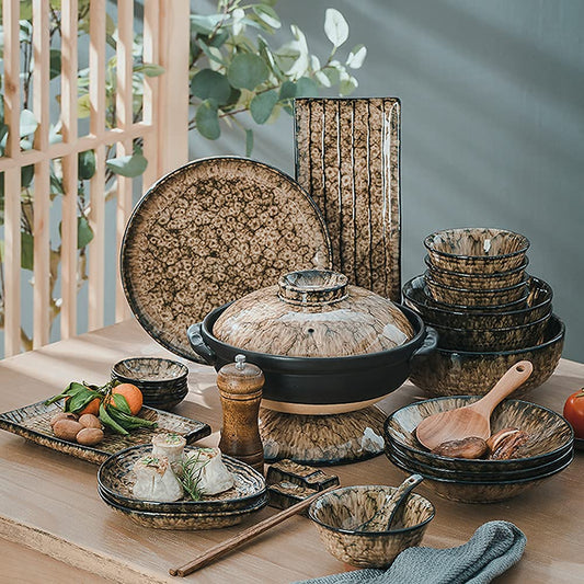 EliteBloom Leopard Glaze Dinnerware Sets, Japanese Creative Plate and Bowl Sets, Dish Set Service for 8 for 2, 6, 10 People, Microwave Oven Dishwasher Safe, High-End Ceramic K