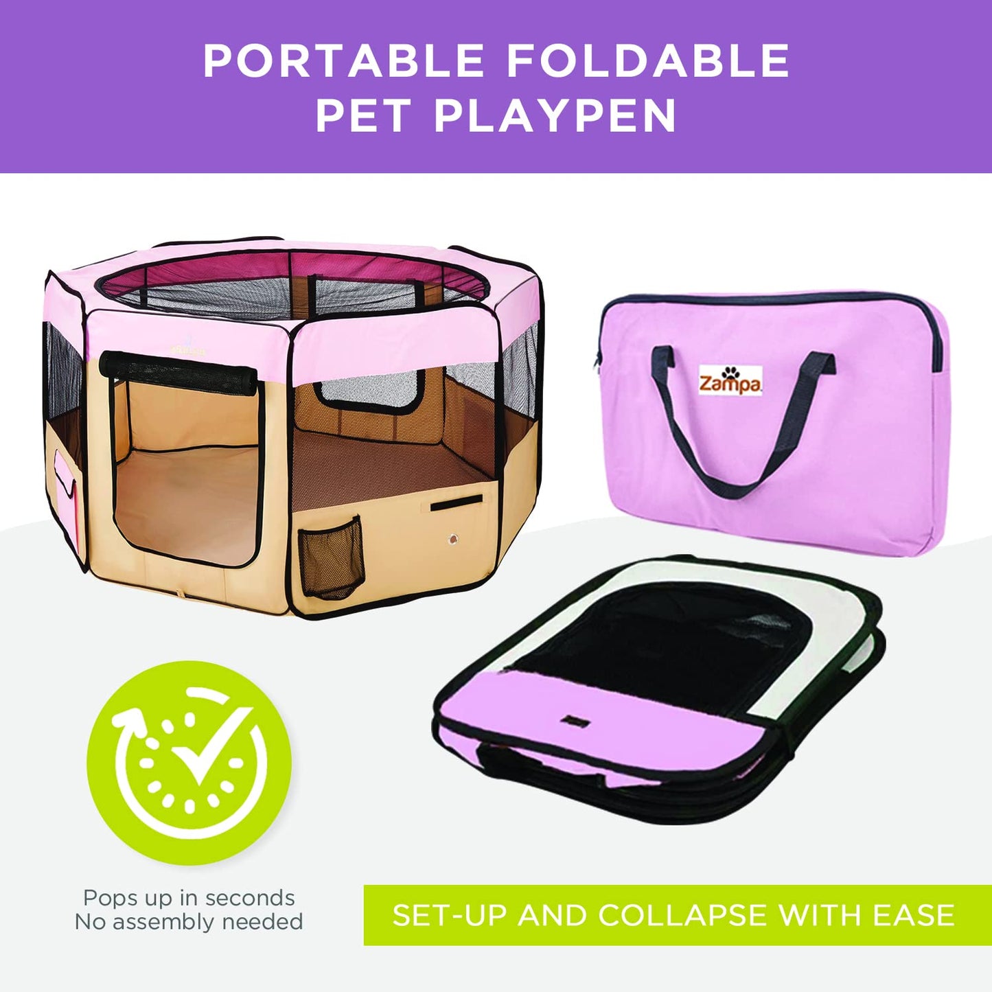 Zampa Puppy Pop Up Portable Playpen for Dog and Cat, Foldable | Indoor/Outdoor Kitten Pen & Travel Pet Carrier + Carrying Case (Pink, Extra Large (80"x80"x36"))