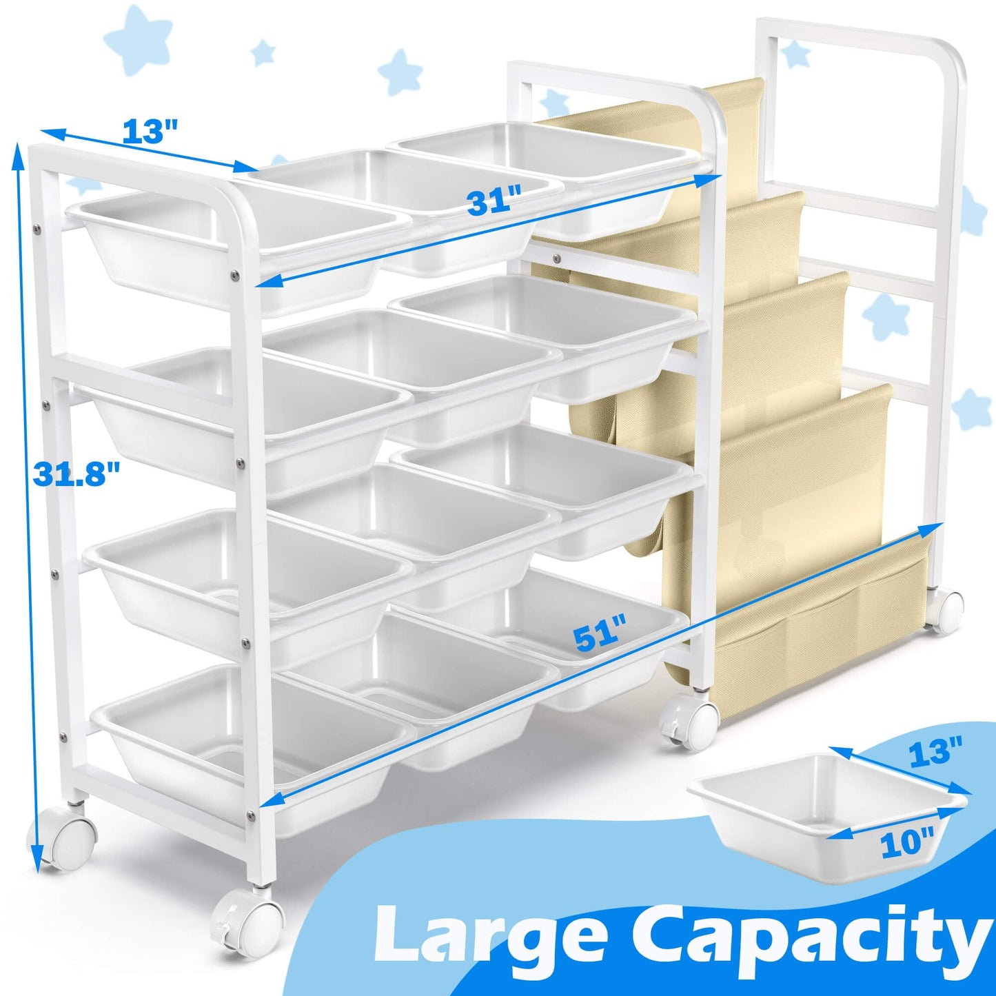 WGOHOSE Kids Toy Storage Organizer with Bookshelf & Fabric Book Sling, 12 Bins, Rolling Wheels, Metal Frame Toy Bin Shelf, Toy Box Organizer for Playroom Bedroom Nursery, White