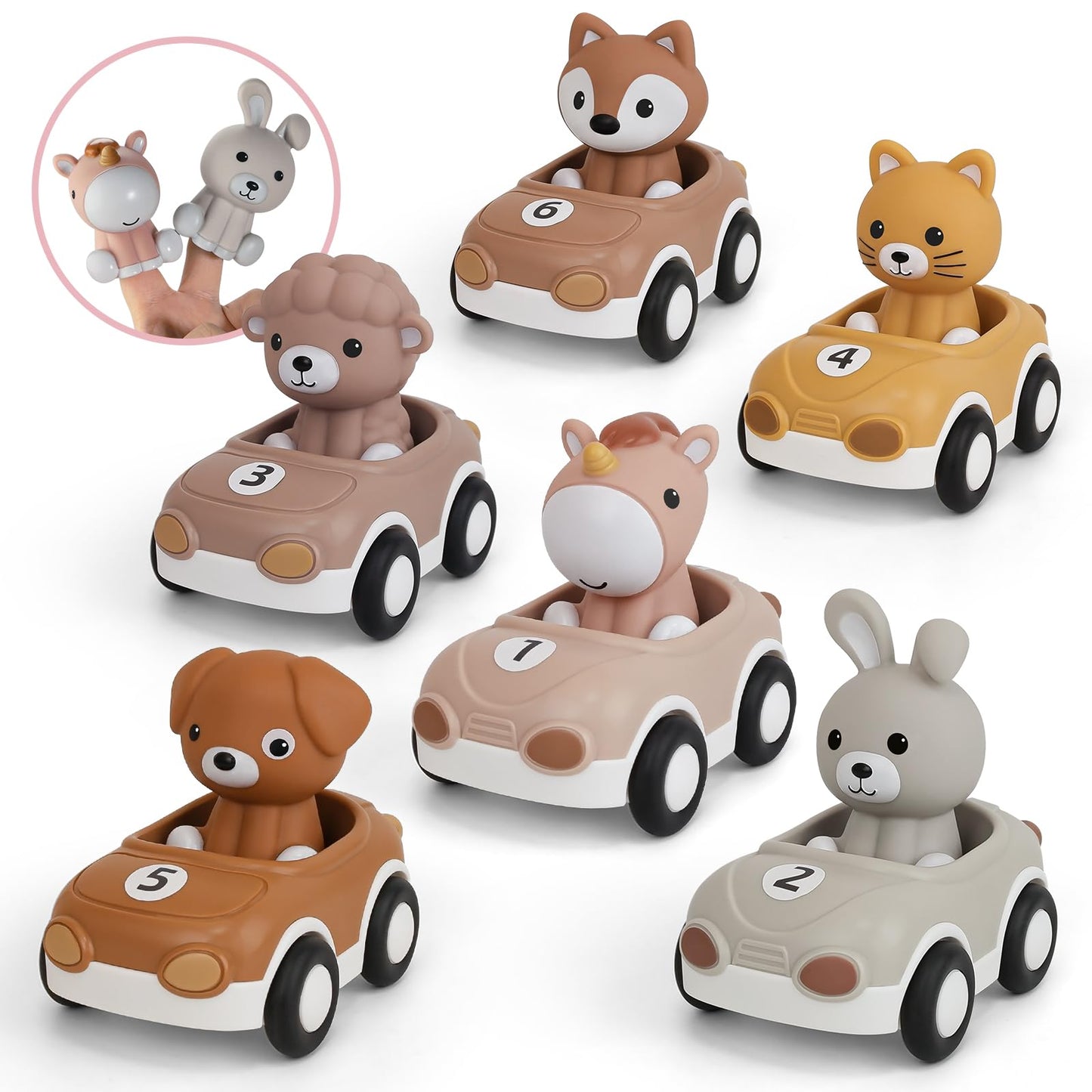 Nueplay Toy Cars for Toddlers 1-3, 6-Pack Friction Powered Push and Go Vehicle Set with Animal Finger Puppets for Boys Girls