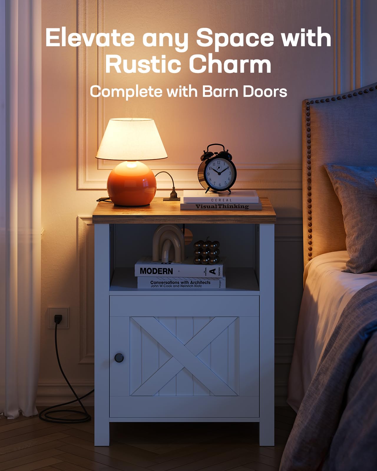 Marsail Farmhouse Nightstand Set of 2 with Charging Station, Wood Bedside Table with USB Port & AC Outlet, Open Shelf and Enclosed Cabinet, Side Table with Storage for Bedroom, Brown and White