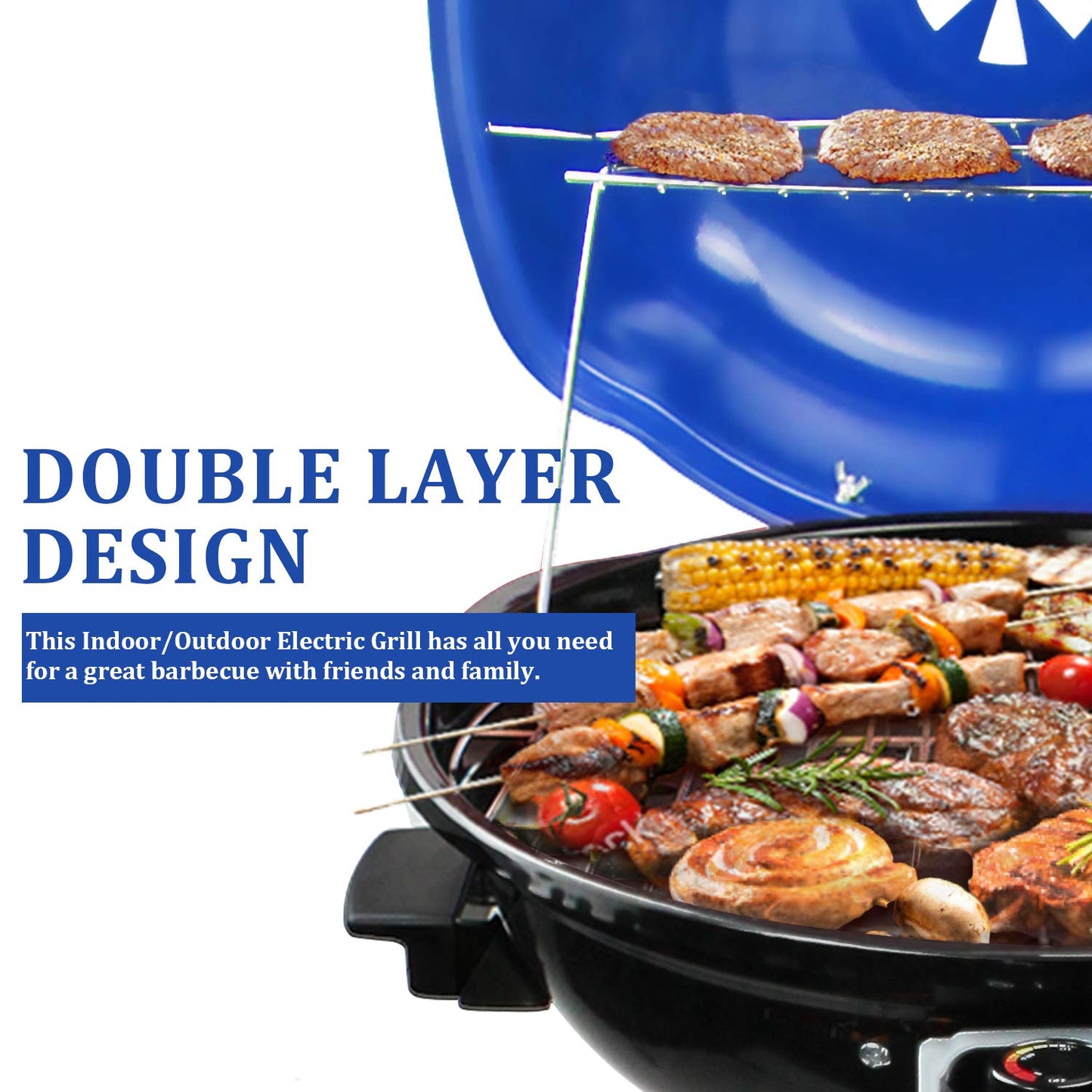 Electric BBQ Grill Techwood 15-Serving Indoor/Outdoor Electric Grill for Indoor & Outdoor Use, Double Layer Design, Portable Removable Stand Grill, 1600W