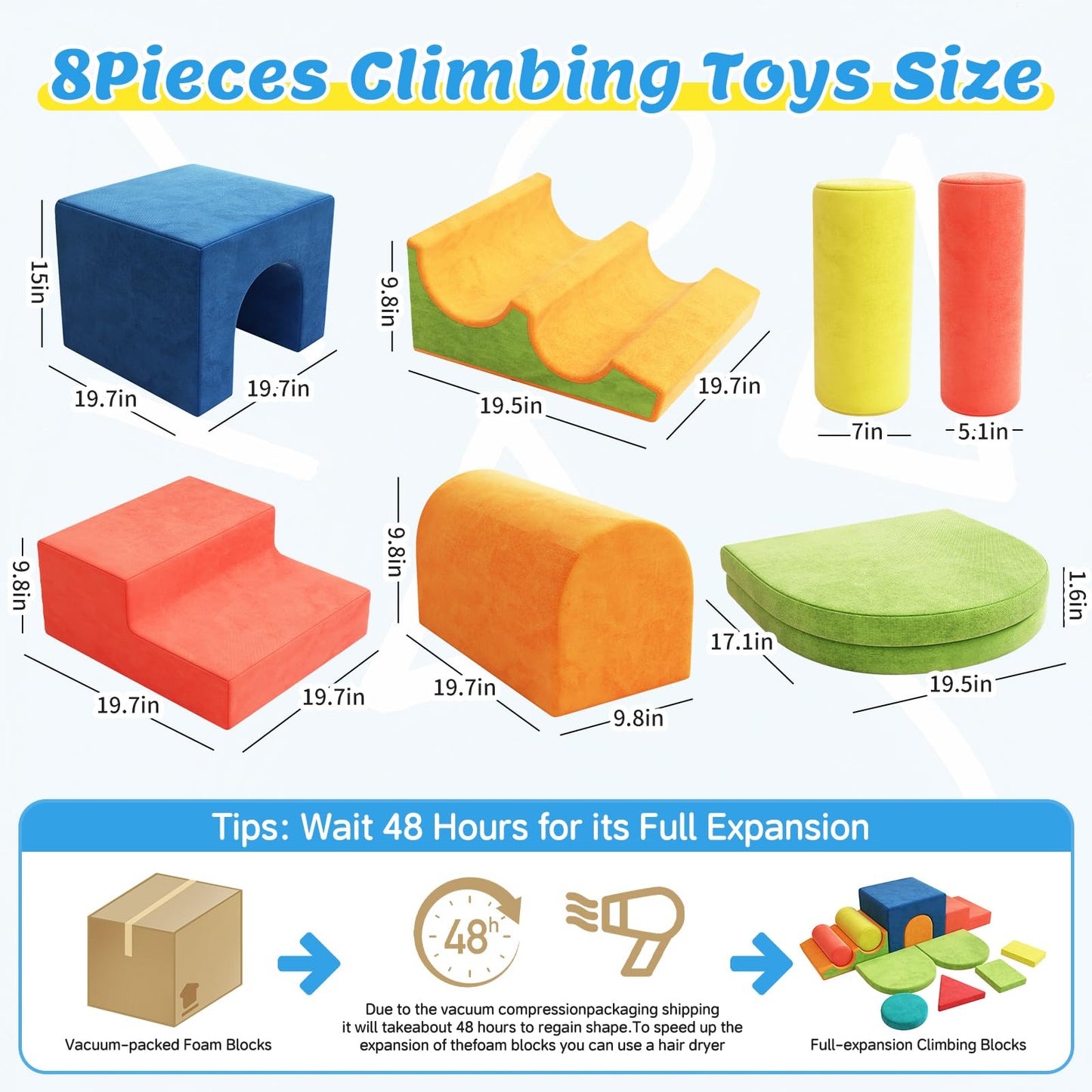 BabeNova 12-Piece Foam Climbing Blocks for Toddlers 1-3, Toddler Climbing Toys Indoor Soft Play Set, Kids Foam Climb Blocks with Tunnel, Steps, Rollers for Crawling, Montessori Indoor Play Gym
