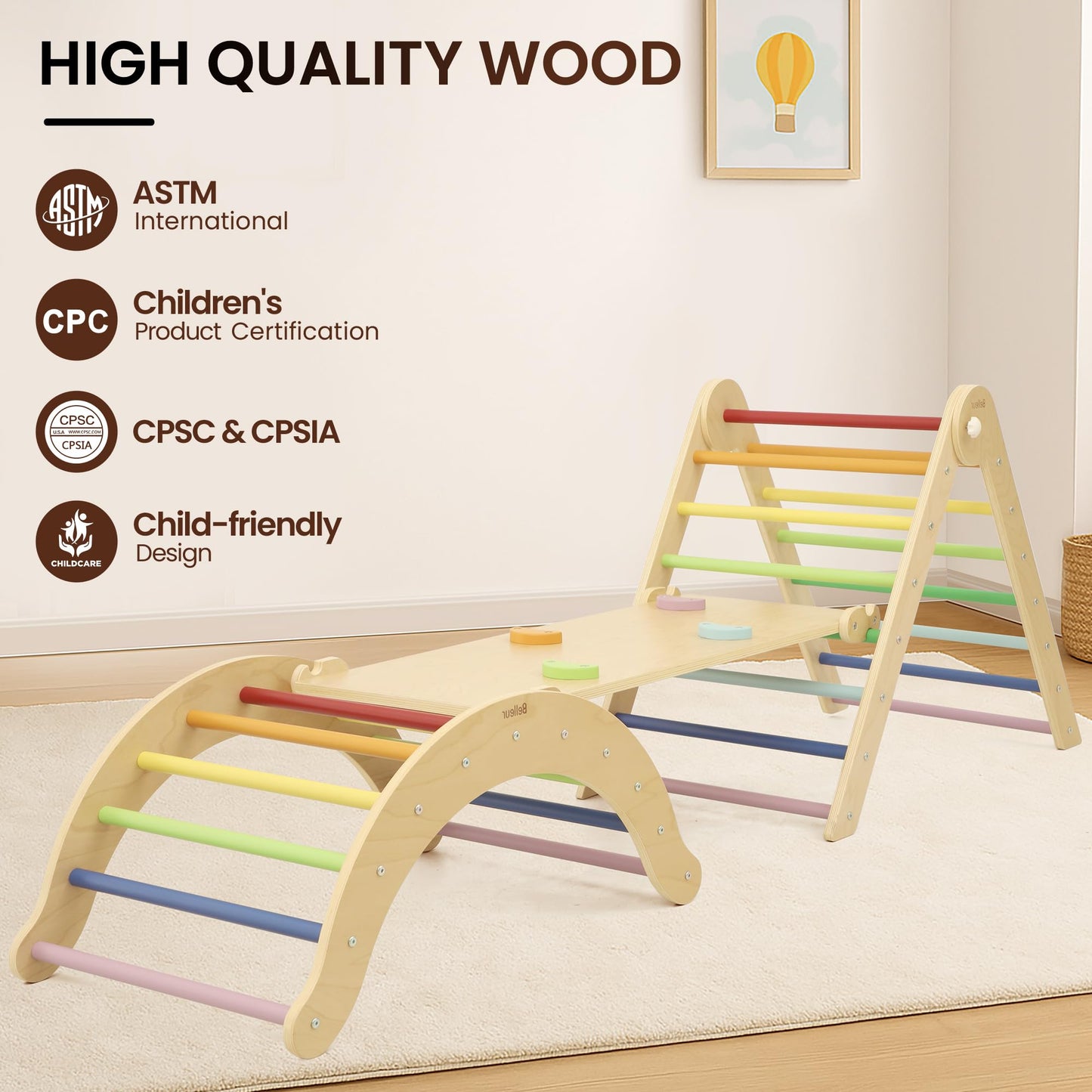 Belleur Pikler Triangle Set, 7-in-1 Foldable Climbing Toys for Toddlers 1-6 Years Old, Wooden Montessori Climbing Set with Arch, Ramp & Ladder, Baby Indoor Climber Jungle Gyms - Rainbow