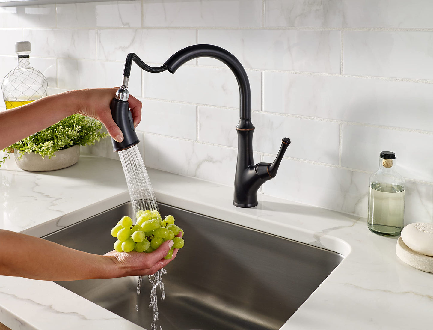 Pfister Tamera Kitchen Faucet with Pull Down Sprayer and Soap Dispenser, Single Handle, High Arc, Tuscan Bronze Finish, F5297TAY