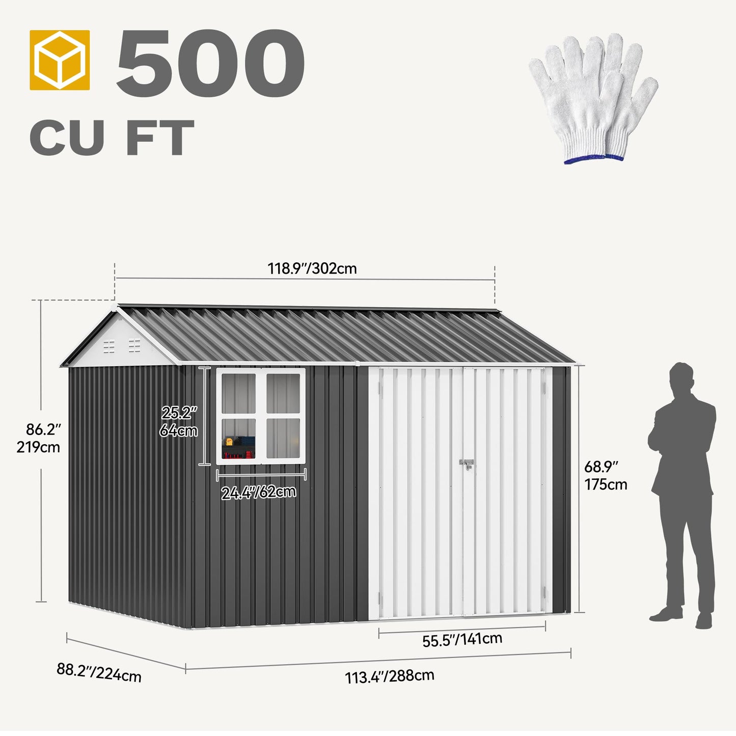 DWVO 10' x 8' Outdoor Storage Shed, Waterproof Metal Garden Shed with Windows, Lockable Doors, and Sloped Roof for Patio, Backyard, Lawn, Tool Storage, Bike Shed, Pet Shelter (Gray + White)
