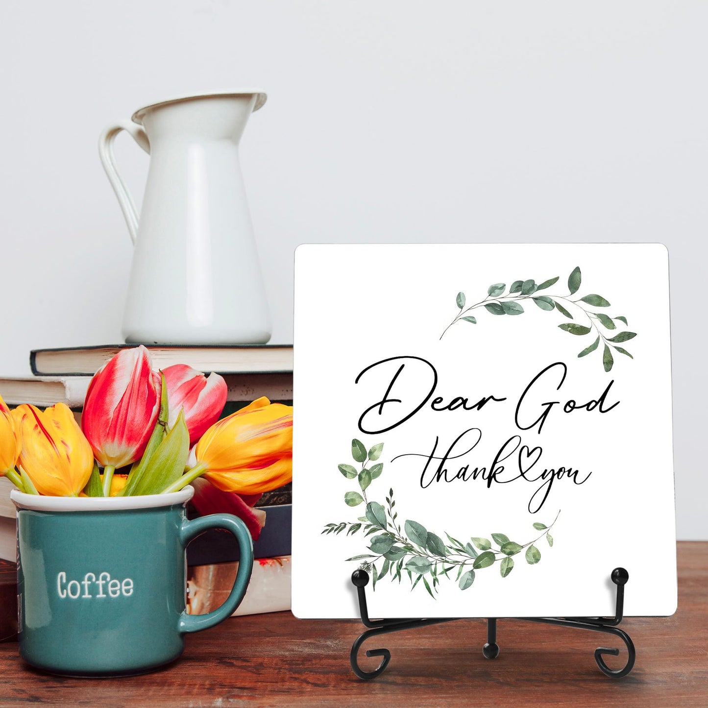 FUQWZ Rustic 'Dear God Thank You' Wooden Plaque - Christian Decor with Iron Stand - Simple Prayer Sign for Home, Church & Office - Inspirational Gift for Thanksgiving & Holidays. (049)