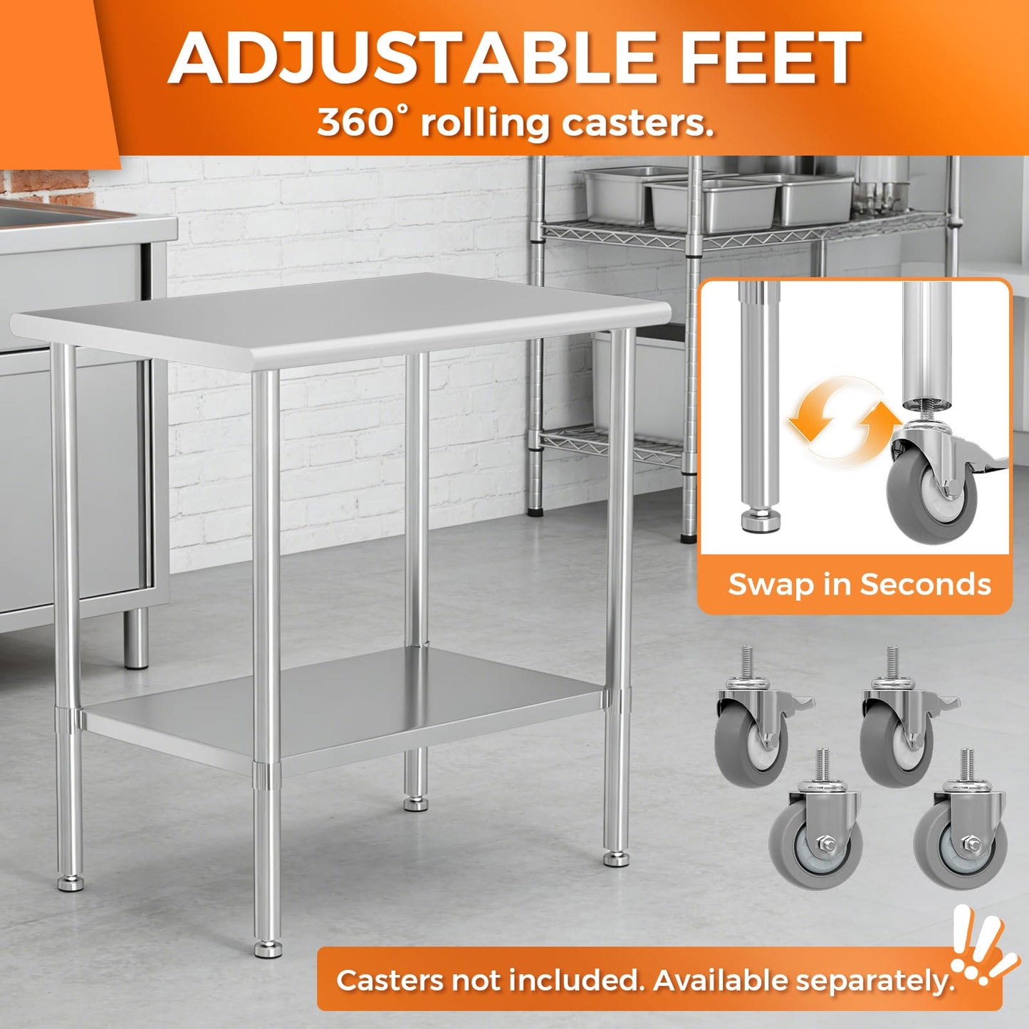 HOCCOT All Stainless Steel Work Table, Heavy Duty Prep Table 24x36 Inch with Stainless Steel Undershelf & Replaceable Feet(Without Casters) Commercial Workstation for Restaurant Kitchen Garage Outdoor
