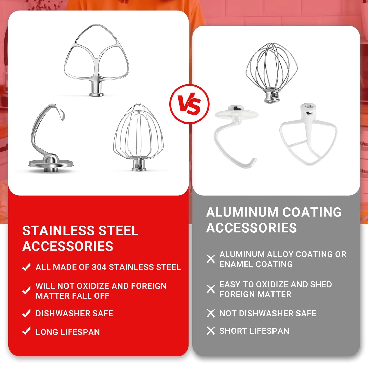 Stainless Steel Kitchen Mixers Accessories Compatible with KitchenAid Mixer and 4.5-5 Qt Bowl. K45WW 6-Wire Whip, 4.5-5QT Flat Beater Paddle, 4.5-5QT Dough Hook Attachment Dishwasher safe