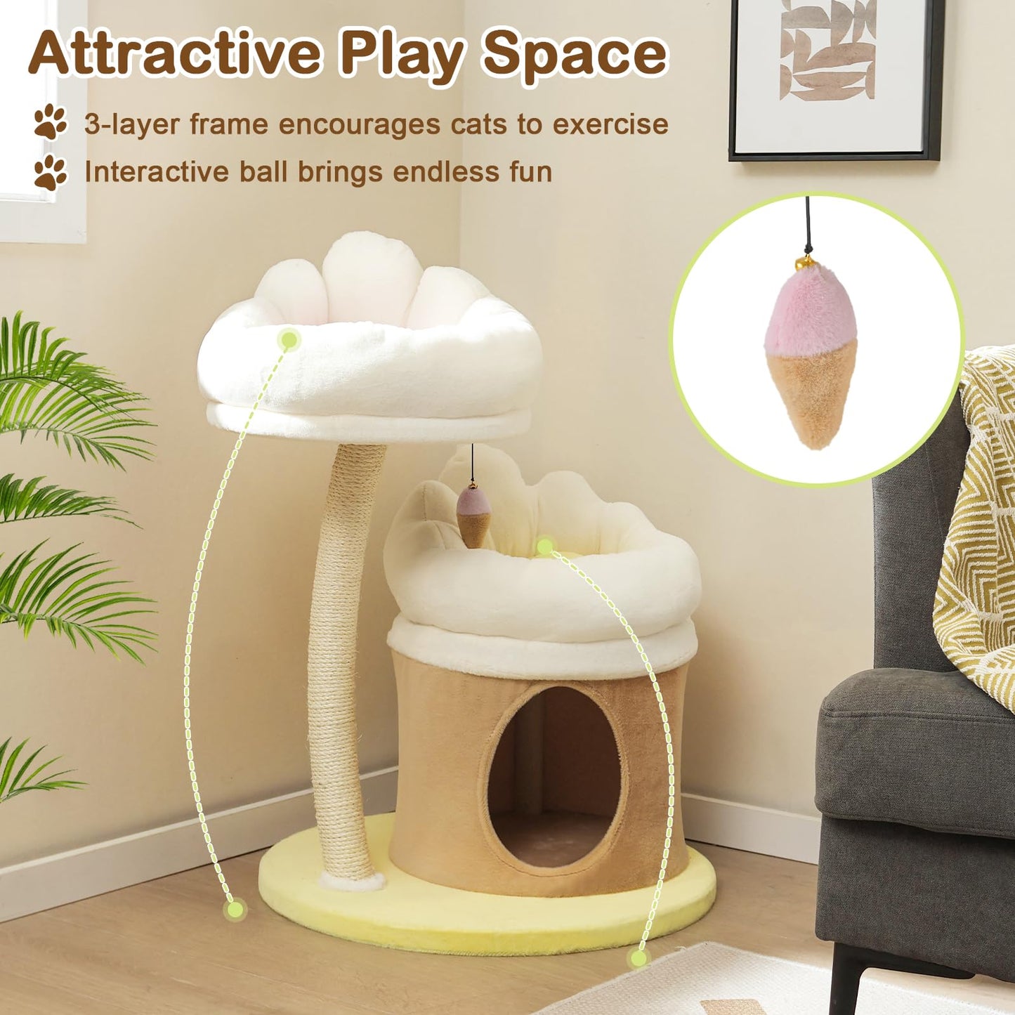 PETSITE 33 Inch Cute Cat Tree, Modern Cat Tower with Sisal Scratching Post, Cat Condo, Interactive Teasing Toy, 2 Removable and Washable Top Perches, Small Cat Tree for Indoor Cats