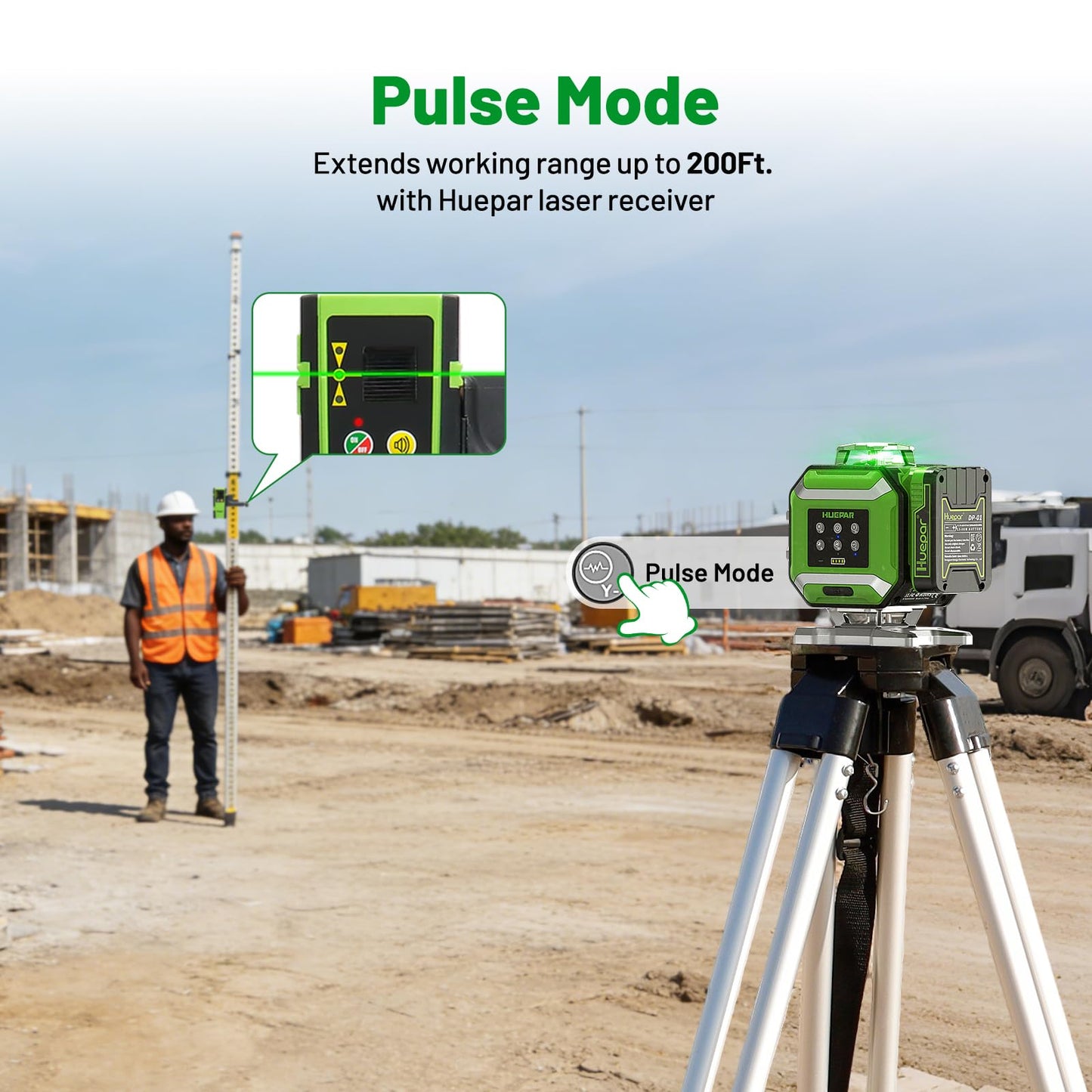 Huepar Electronic Laser Level, 4 x 360° Green Self Leveling Lazer Leveler Tool Kit with High Accuracy & Slope Function, No Swing Design, Adjustable Brightness with Flash Mode, Rechargeable -DP04CG