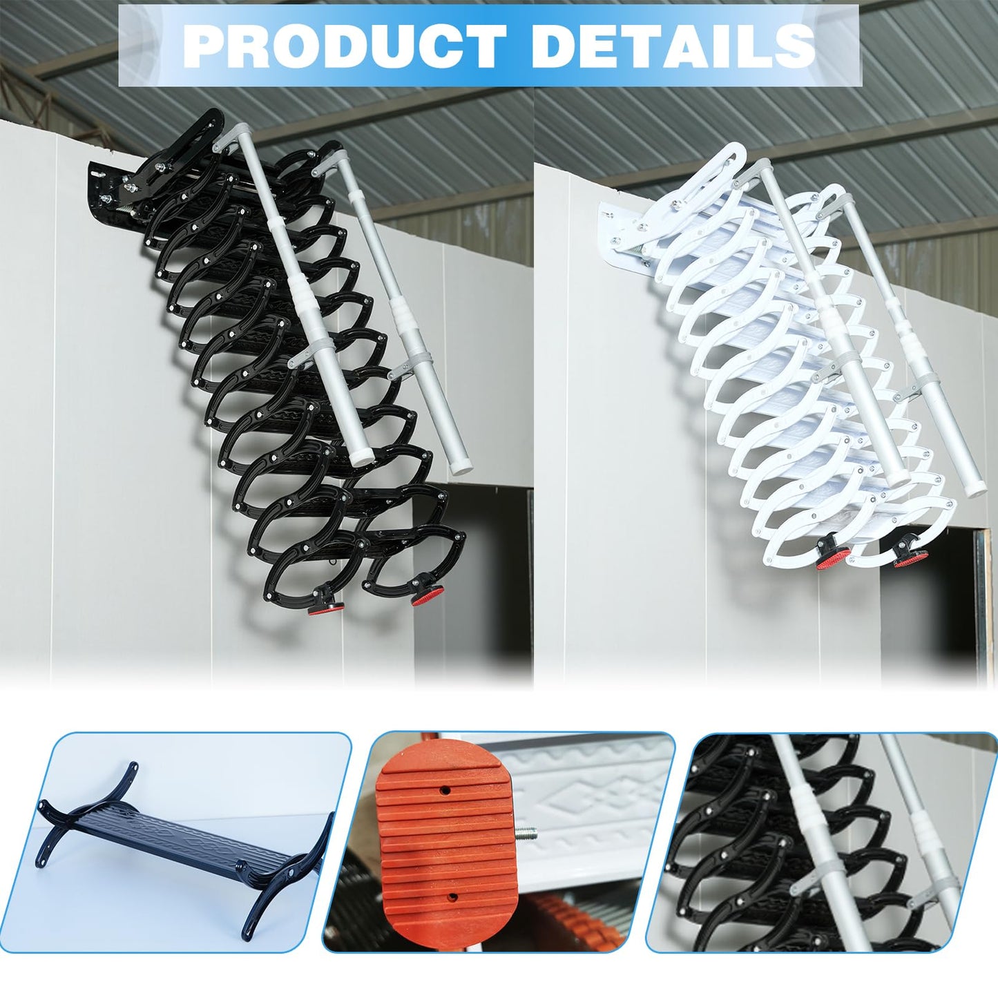 12 Steps Wall-Mounted Folding Stairs for Attic, Attic Ladder Pull Down System with Retractable Handrail& Pull Rod, Anti-Slip Steps, Attic Stairs for Home (White, 9.6-10ft)