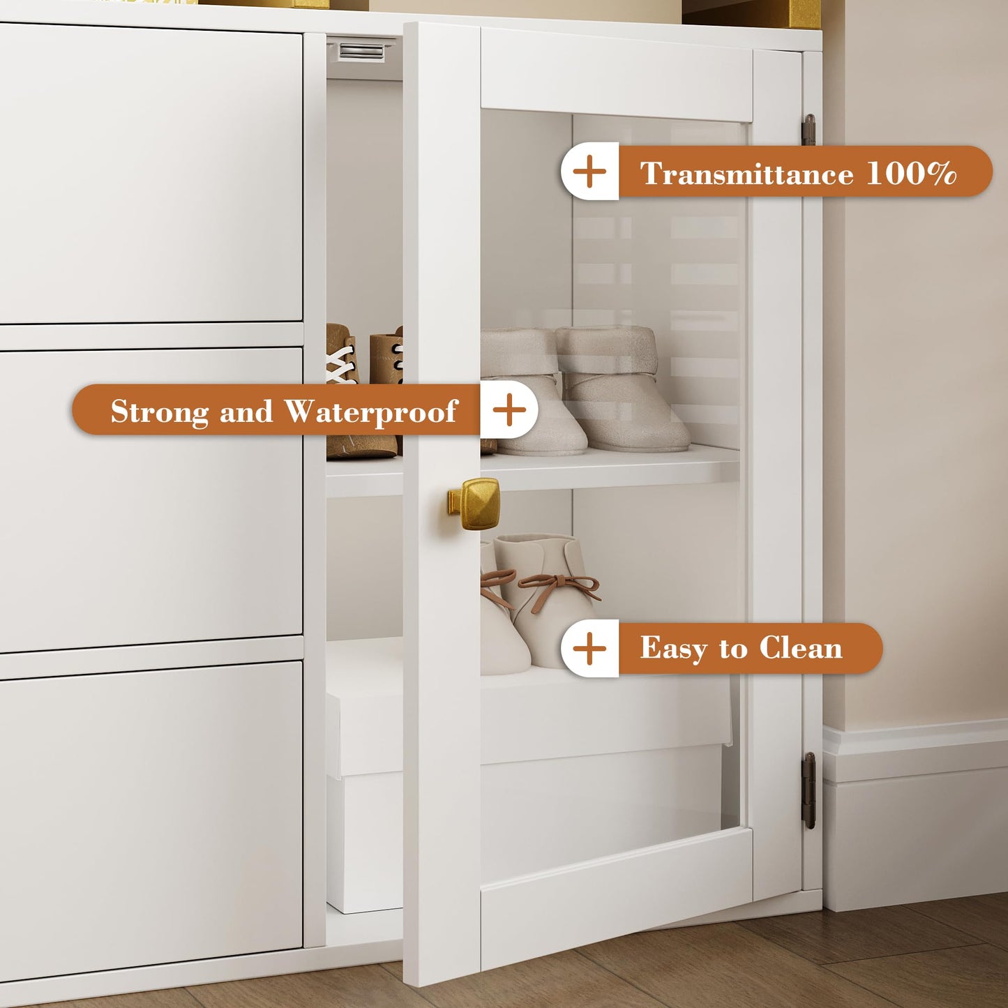 BOTLOG Closet System Organizer, 81.3” H Wardrobe Closet with 3 Wooden Drawers, Clothes Rack with Hanging Rods, 4 Tiers Shelves, Metal Frame, White and Gold