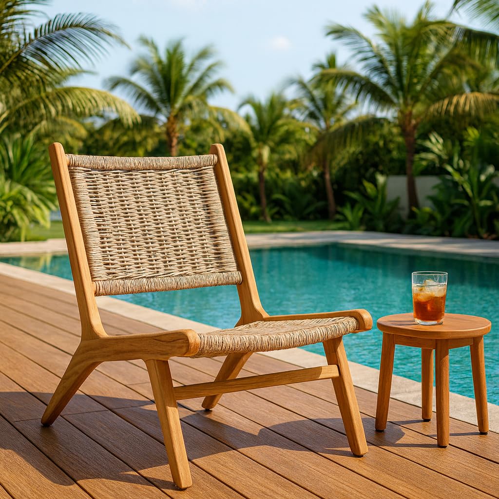 TeakCraft Teak Rattan Lounge Chair – Mid Century Modern Accent Chair, Solid Teak Wood, Natural Rattan, Boho & Scandinavian Style Seating for Living Room, Bedroom, Patio – Easy Assembly, The Vega