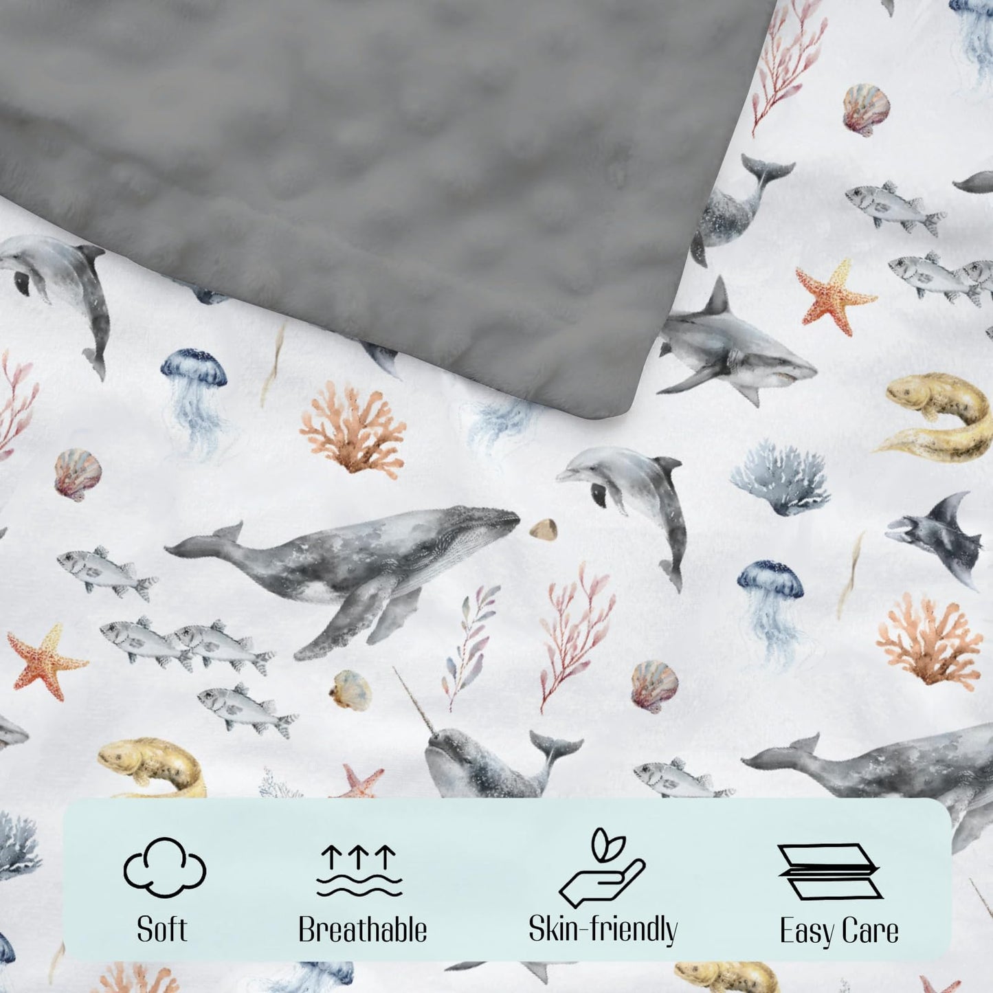 EyMzcod Mink Baby Boy Girl Blankets Under The Sea Animals, Ocean Creature Whale Shark Soft Double Layer Dotted Backing Receiving Swaddle, Newborn Infant Toddler Nursery Crib Bedding Shower Gift 30x40