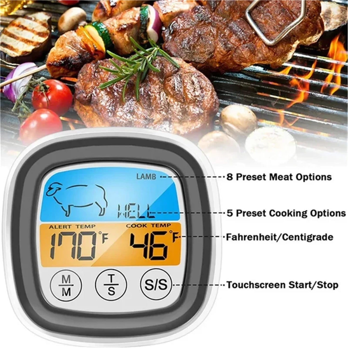 Digital Meat Thermometer for Oven Remote Read LCD Digital Food Thermometer Meat Probe Kitchen Cooking BBQ(White)