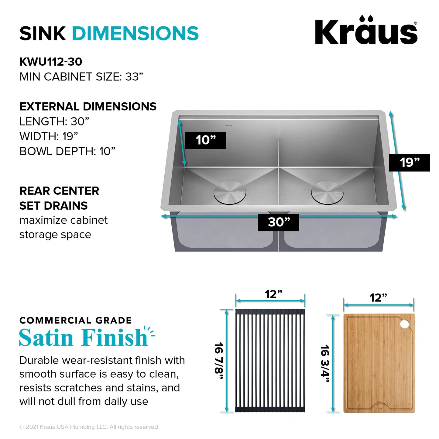 KRAUS Kore Workstation 30-inch Undermount 16 Gauge Stainless Steel Kitchen Sink, Double Bowl Kitchen Sink with Accessories, KWU112-30