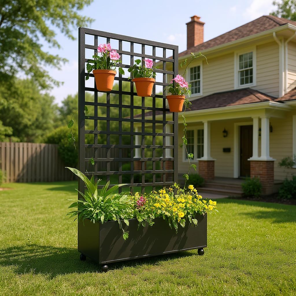 Metal Raised Garden Bed with Trellis and Wheels, 72"x47" Planter Box for Climbing Plants, Vegetables & Vines, Features Drainage Holes and Privacy Screen