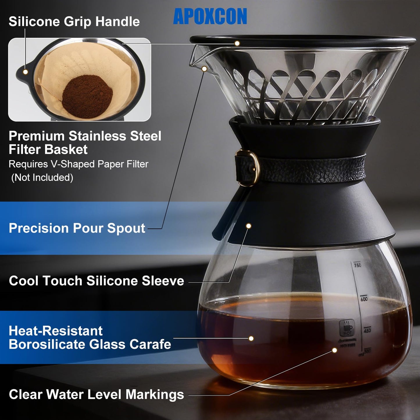 APOXCON Drip Coffee Machine with Carafe, Pour Over Coffee Maker with Auto & Manual Mode, 24-Hr Programmable Single-Serve Brewer, Built-in Scale, Stainless Steel Filter - 1L