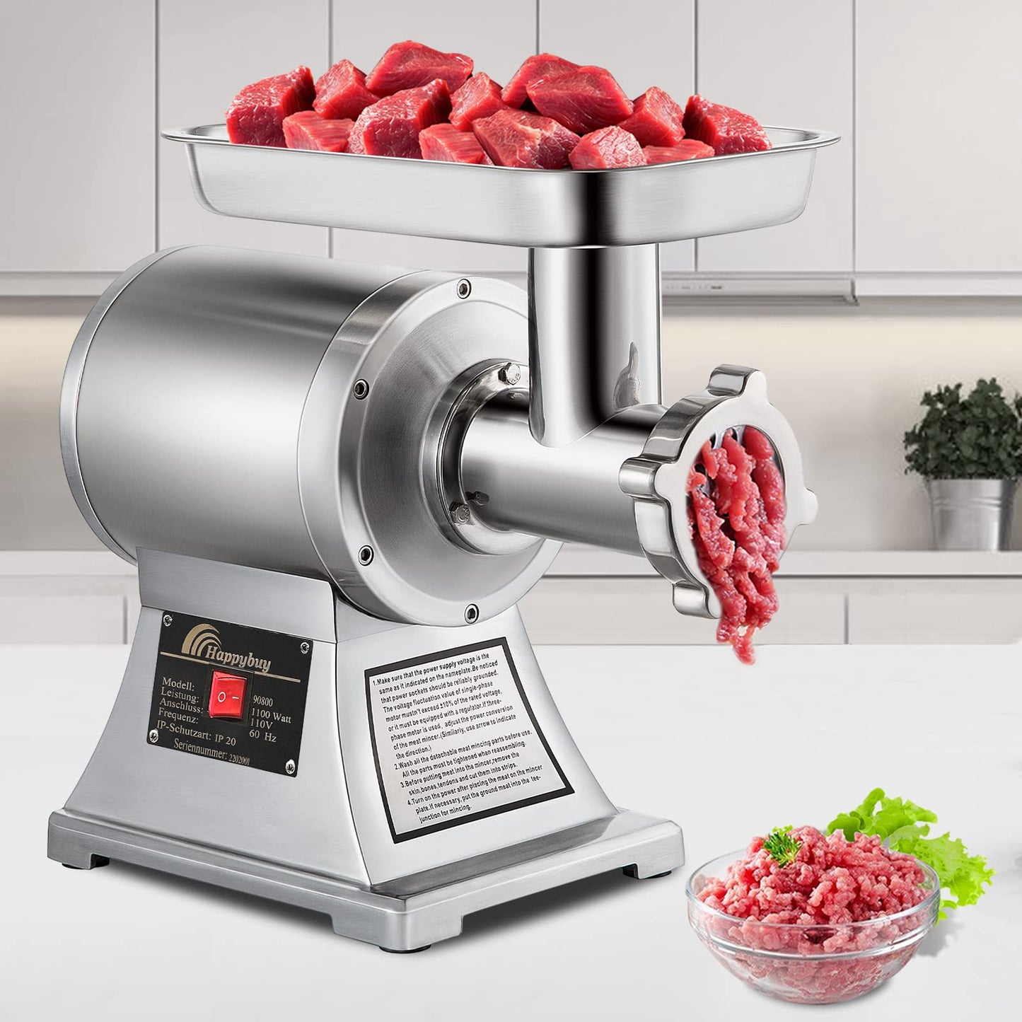 Happybuy Commercial Meat Grinder,550LB/h 1100W, 220 RPM Heavy Duty Stainless Steel Industrial Meat Mincer w/2 Blades, Grinding Plates & Meat Pusher