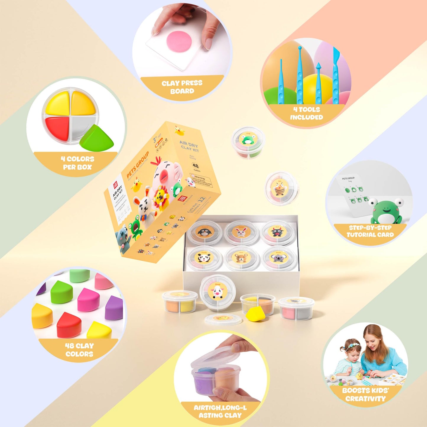 Air Dry Clay Kit - Modeling Clay for Kids mit Sculpting Tools und Tutorial, Ultra Light & Soft, Safe & Non-Toxic, DIY Model Magic Clay 12 Cans 48 Colors, Creative Art Crafts Toys Gifts for Girls Boys
