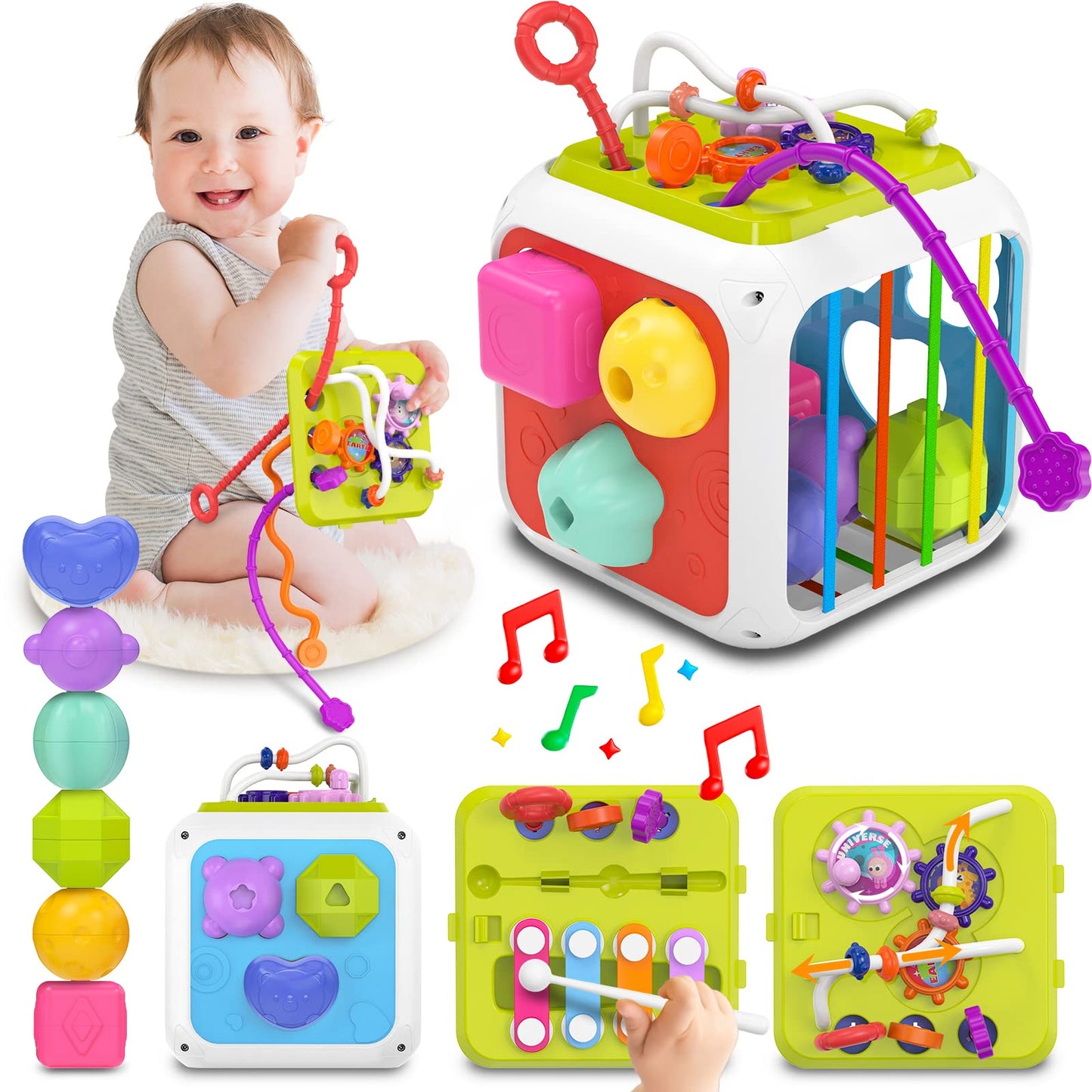 kecristv Montessori Toys for Toddler Girls Boys, Baby Sorter Learning Sensory Activity Cube, Toddler Girl Boy Easter Basket Stuffers Birthday Gifts, Baby Toys 18+ Months