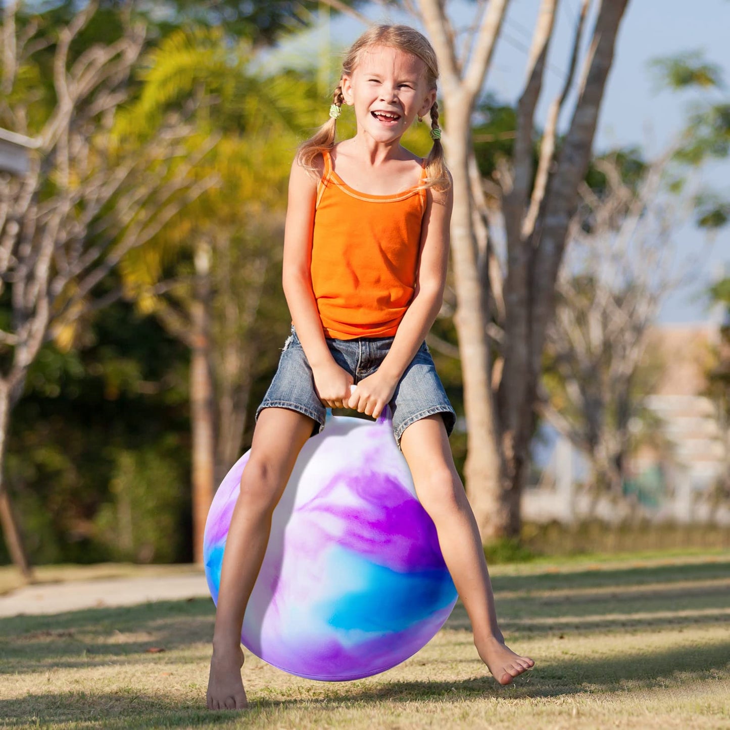 ZOOJOY Hopper Ball, Hopping Toys for Kids, 20 inch Bouncy Ball with Handle for Boys Girls Aged 5-12, Inflatable Clouds Bounce Hopper Toy with Pump