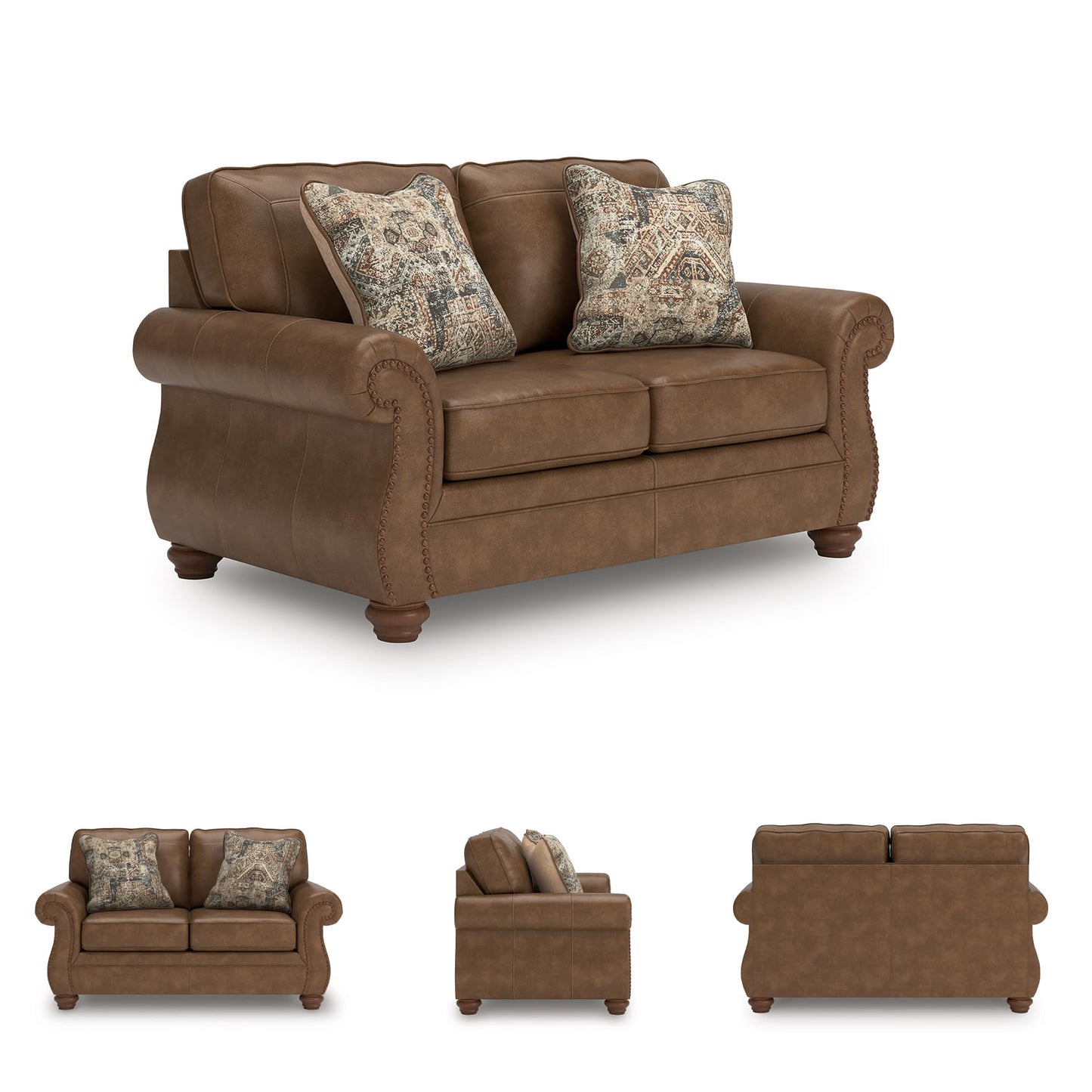 Signature Design by Ashley Shadsburne Rustic Faux Leather Loveseat with Nailhead Trim and 2 Throw Pillows, Brown