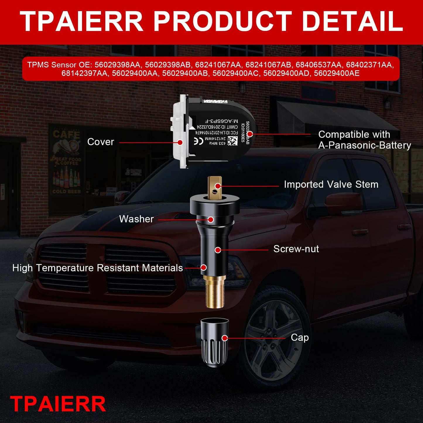 TPAIERR 4Pcs TPMS Sensor, 433Mhz OE 56029398AA, 56029398AB, 68241067AA, 68241067AB Pre-Programed Tire Pressure Monitoring System Sensors Compatible with Jeep/Dodge/Ram 1500 2500 for Chrysler Set of 4
