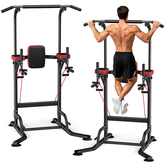 Dskeuzeew Pull Up Bar Free Standing for Multi-Function Home Gym Strength, Pull Up Dip Station Assistive Trainer Height Adjustable with Elastic Ropes, Power Tower Training Heavy-Duty Fitness Equipment