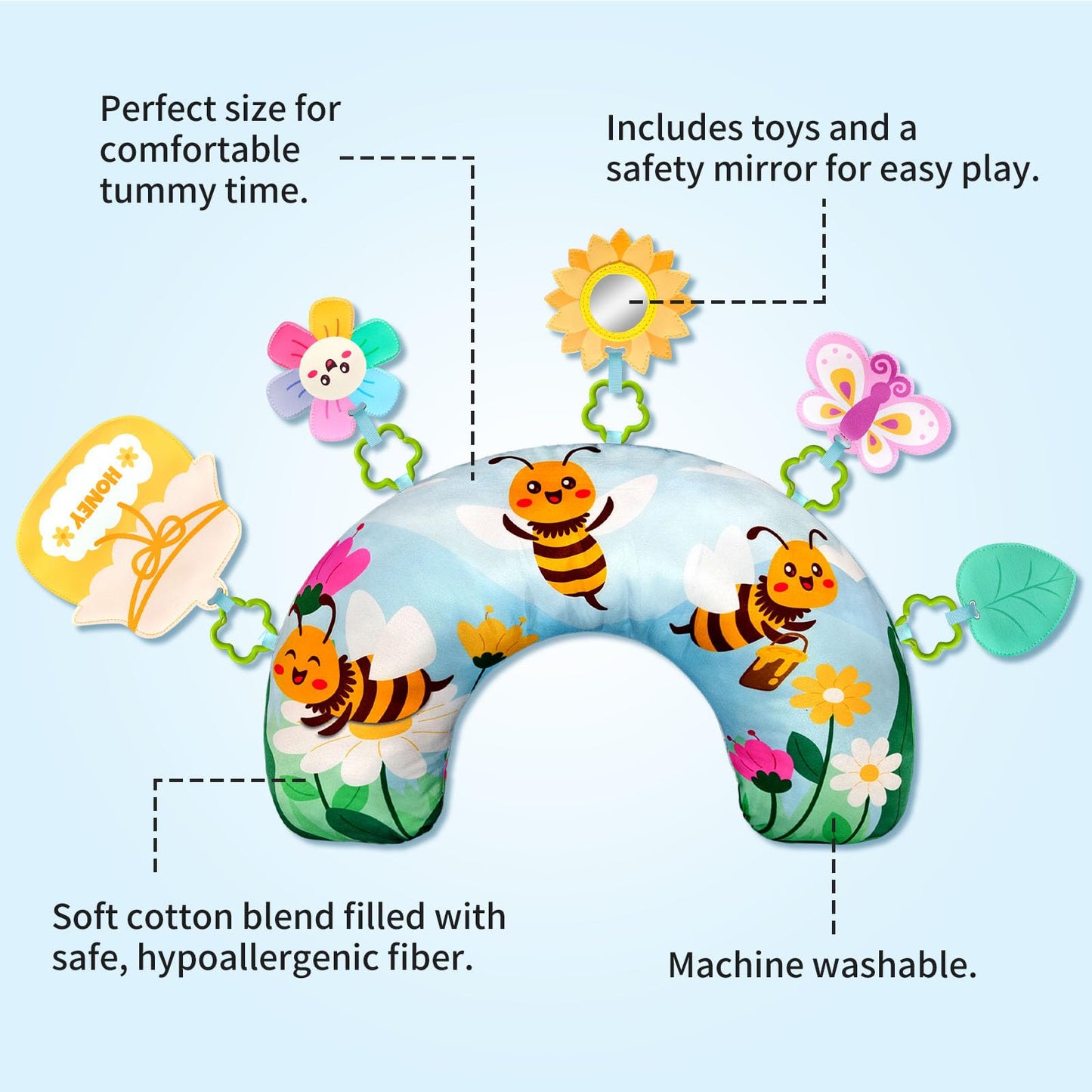 BOHEMIABY Bee Toddler Sensory Activity Toys, Newborn Crawling Companion with Removable Sunflower Mirror, Butterflies, Honey Pot Zipper Pockets Toys for 0-6 Months Babies