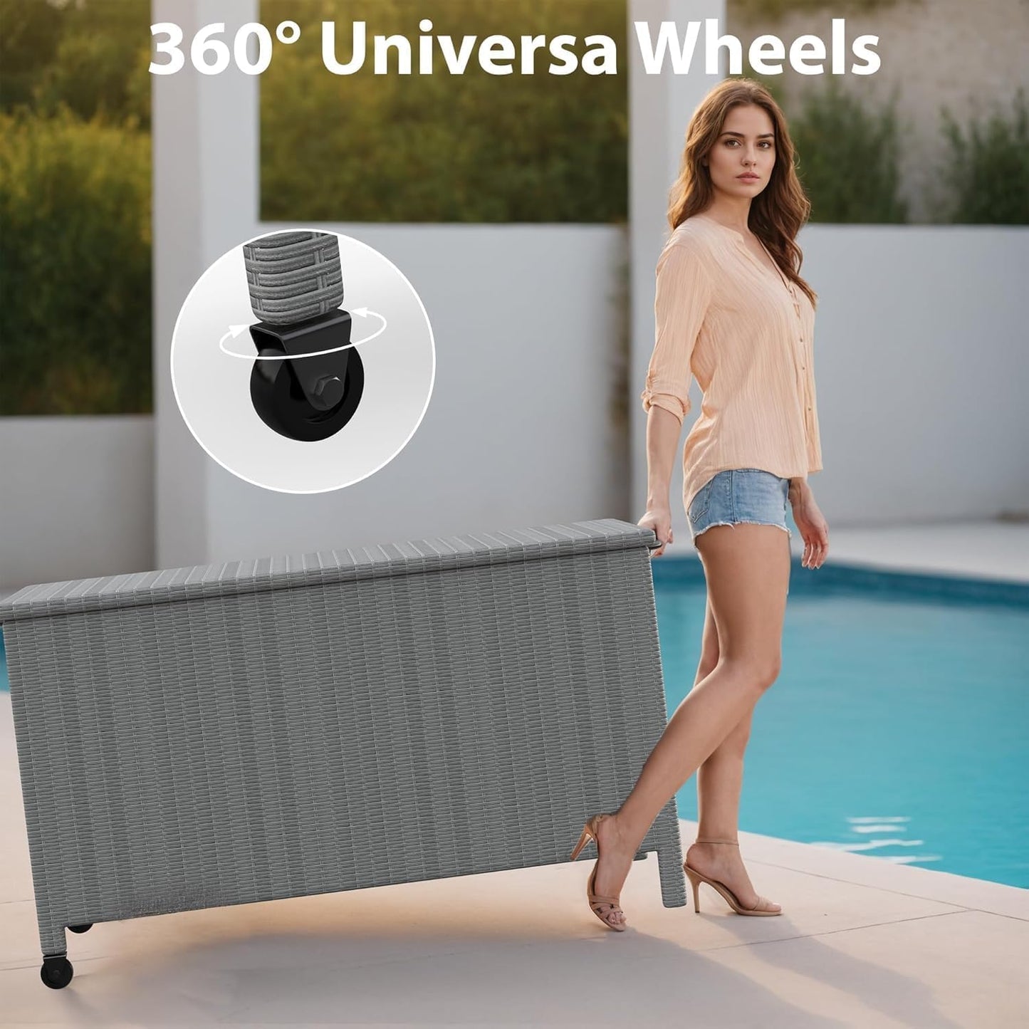 Hipicute 140 Gallon Outdoor Storage Deck Box, Large Rattan Storage Bin Wheel for Patio Cushions, Garden Tools and Pool Supplies, Waterproof, Grey