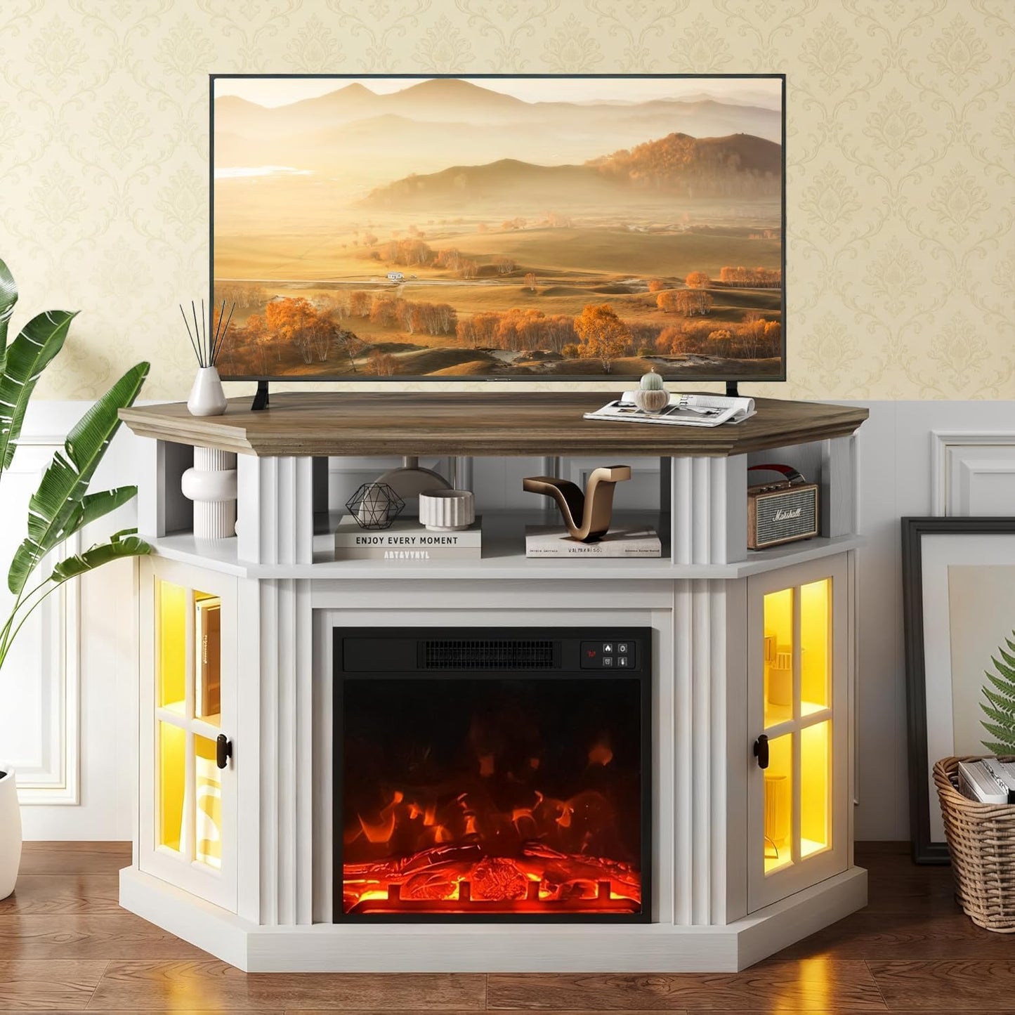 YESHOMY LED Corner Fireplace TV Stand with Mood Lighting, for TVs up to 55" with Storage Cabinets, Entertainment Center, Media Console for Living Room, Bedroom, White