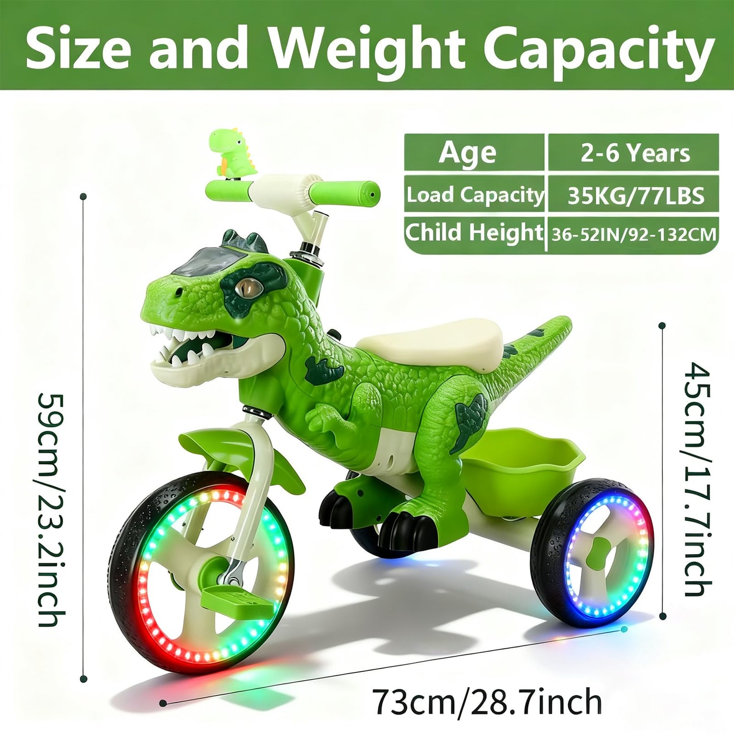NMM Dinosaur Tricycle for Toddlers, Kids Trike with Music, LED, Tricycles for 3-5 Year Olds, for Rider, Big Wheel, Storage Basket, Horn, Toddler Bike for Boy, Dinosaur Toys for Kids 2-4 4-7