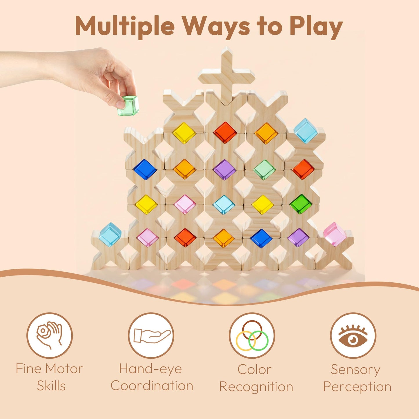 Woodtoe Wooden Building Blocks for Kids, 48 PCS Rainbow Acrylic Gem Cubes Blocks - 32 Wooden Blocks, Montessori Stacking Toy for Toddlers, Educational STEM Learning Sensory Toy Gifts for Boy Girl 3-6