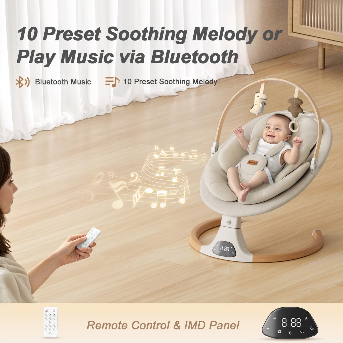 Baby Swings for Infants, Monamii Baby Swing, Infant Swing with 5 Speeds, 10 Lullabies, Electric Swing for Baby, Indoor & Outdoor Use (Beige)