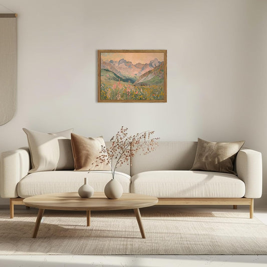 Framed 3D Textured Vintage Landscape Wall Art, Mountain Wildflower Meadow Wall Decor Paintings, Hand Drawn Sandstone Nature Aesthetic Home Decor Pictures for Living Room Bedroom Bathroom 12x16 inch