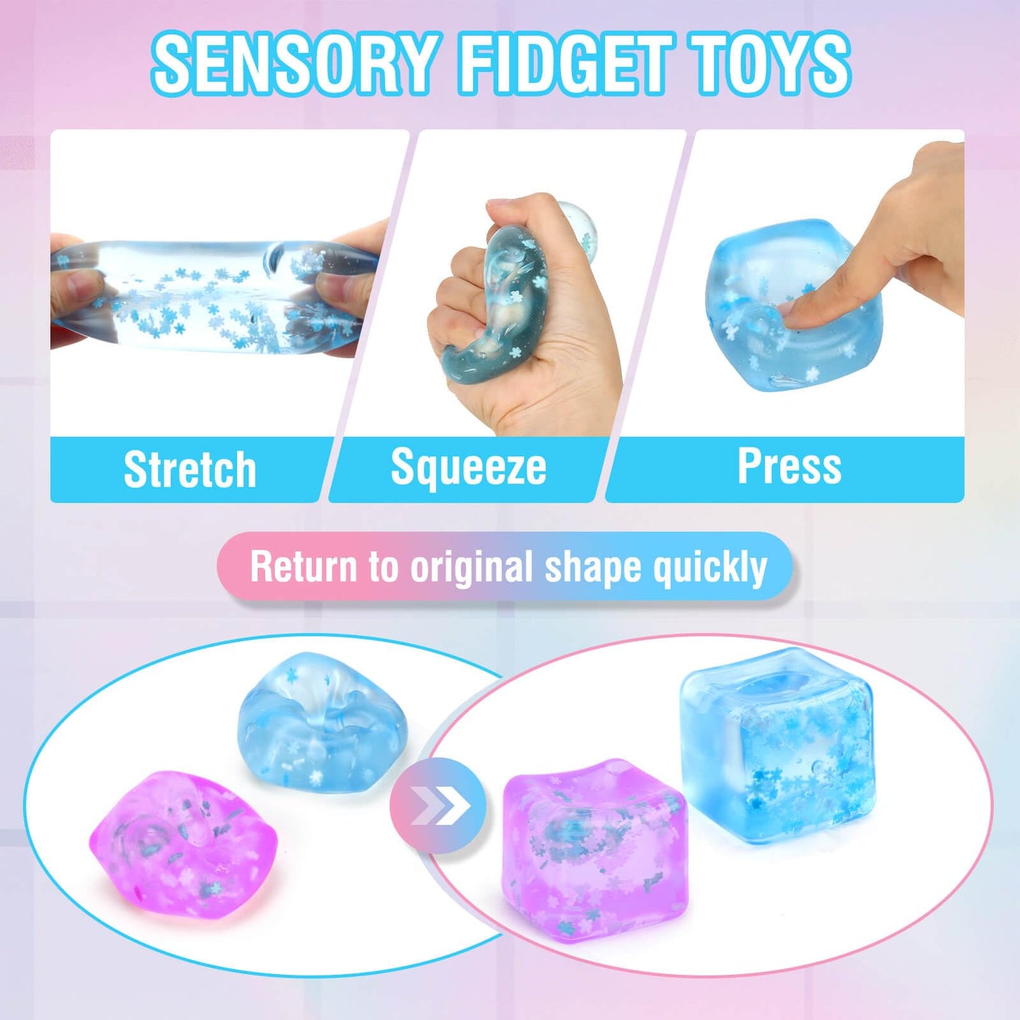 Gretex Fidget Toy for All Ages: 2 Pack Soft Sensory Fidget Ice Cube Stress Ball Squishy Cube Stress Relief Toys for Kids, Teens and Adults Party Favors, Birthday Gift for Kids Age 3+, Blue Purple