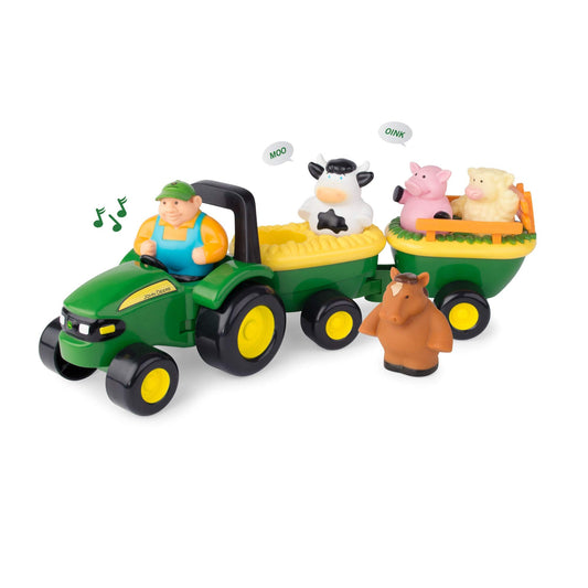 TOMY John Deere Animal Sounds Hayride Musical Tractor Toy - Musical Hayride Toddler Toys - Includes Farmer Figure, Tractor, and 4 Farm Animals - Toddler Music Toys - Ages 12 Months and Up