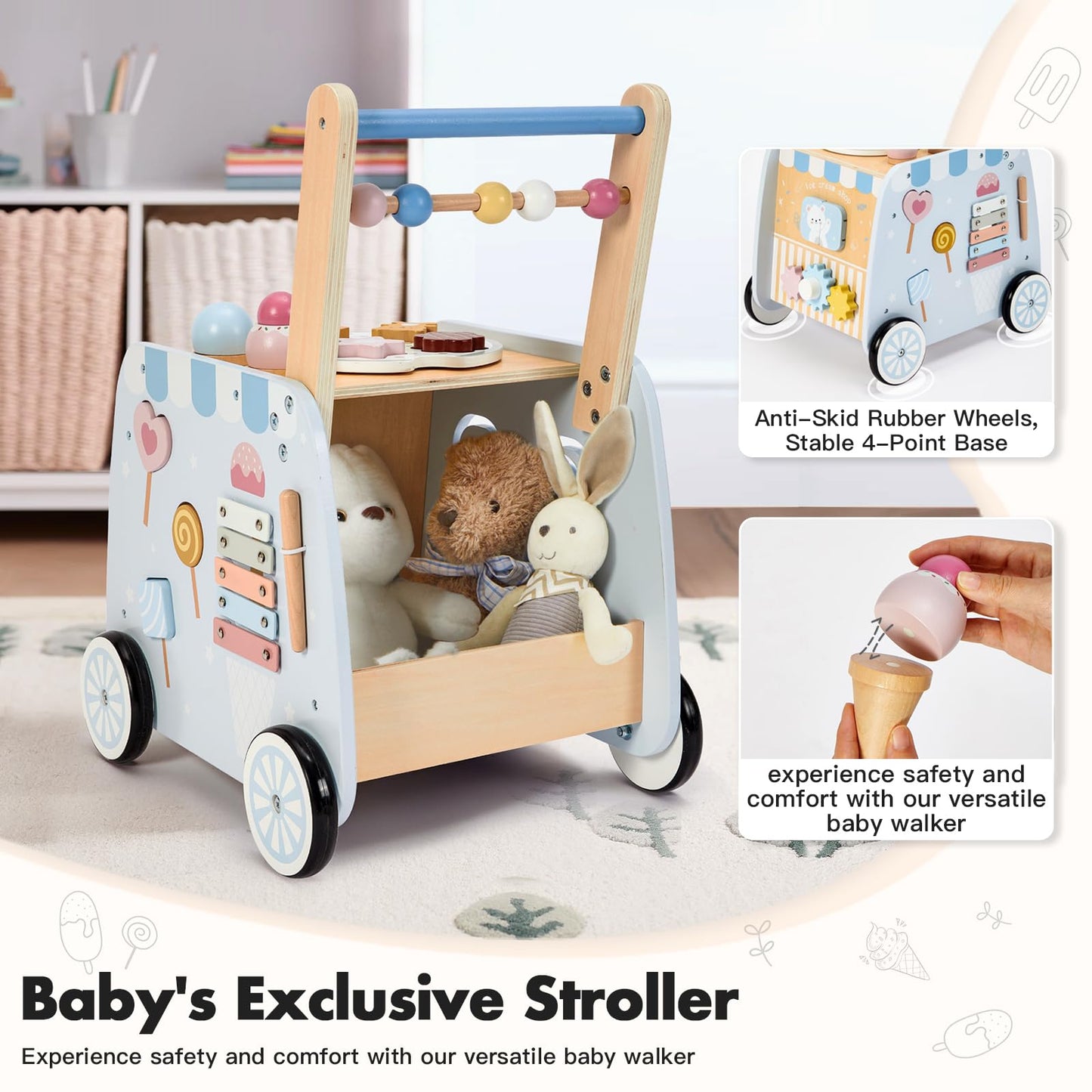 Frogprin Wooden Baby Walker, Multifunctional Ice Cream Cart, Push Walker with Wheels, Montessori Walker Toy with Activity Center, Pretend Playset Ideal for Toddlers, Boys and Girls Ages 12M+