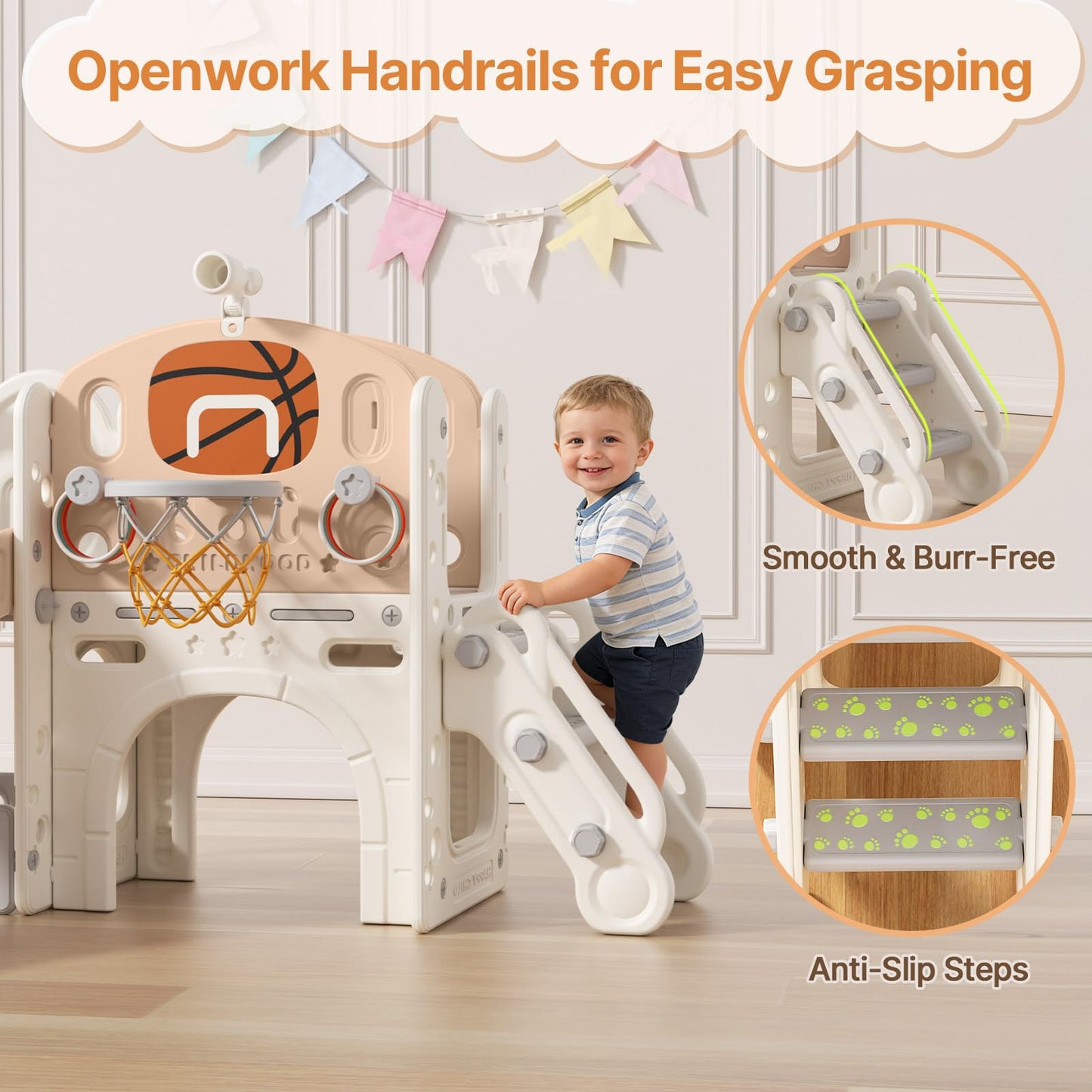 BIERUM 9 in 1 Toddler Slide, Baby Slide for Toddlers Age 1-3 with Ring Toss, Basketball Hoop and Telescope, Indoor Outdoor Playset Playground Beige Coffee