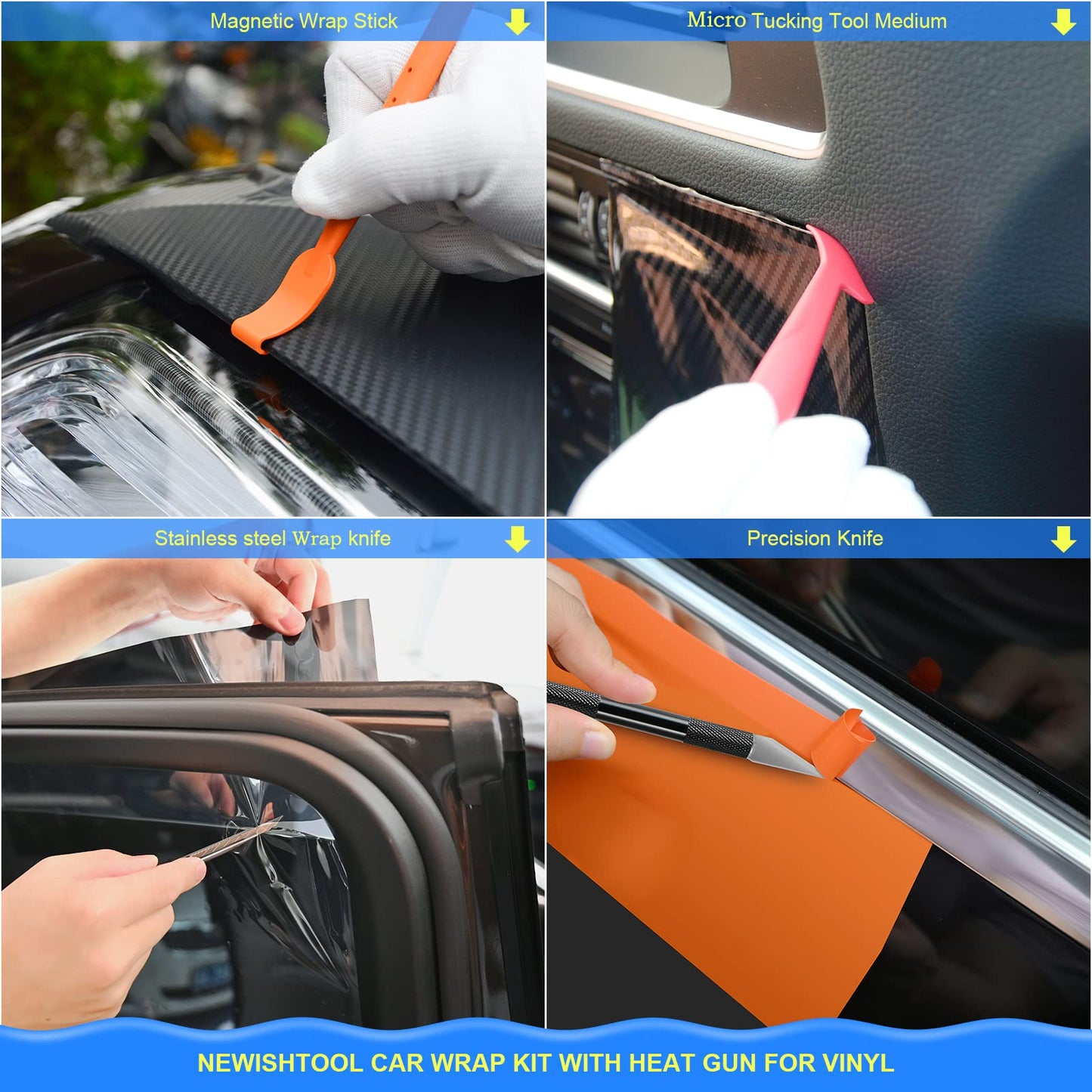 NEWISHTOOL Vinyl Wrap Tool Kit with Heat Gun, Car Wrap Kit, Felt Squeegee, Tucking Squeegee, Gloves, Magnets Holder, Window Tint Tools for Car Film Installation