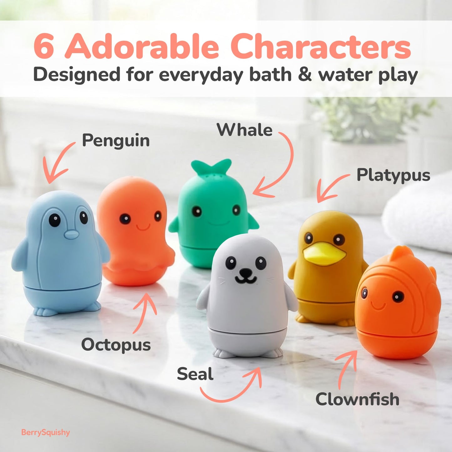 Ocean Friends Baby Bath Toys, Silicone Bath Toys for Babies 9 Months+, Toddler Bath Toys 1-3, Easy to Clean, Opens for Cleaning, 6-Piece Set
