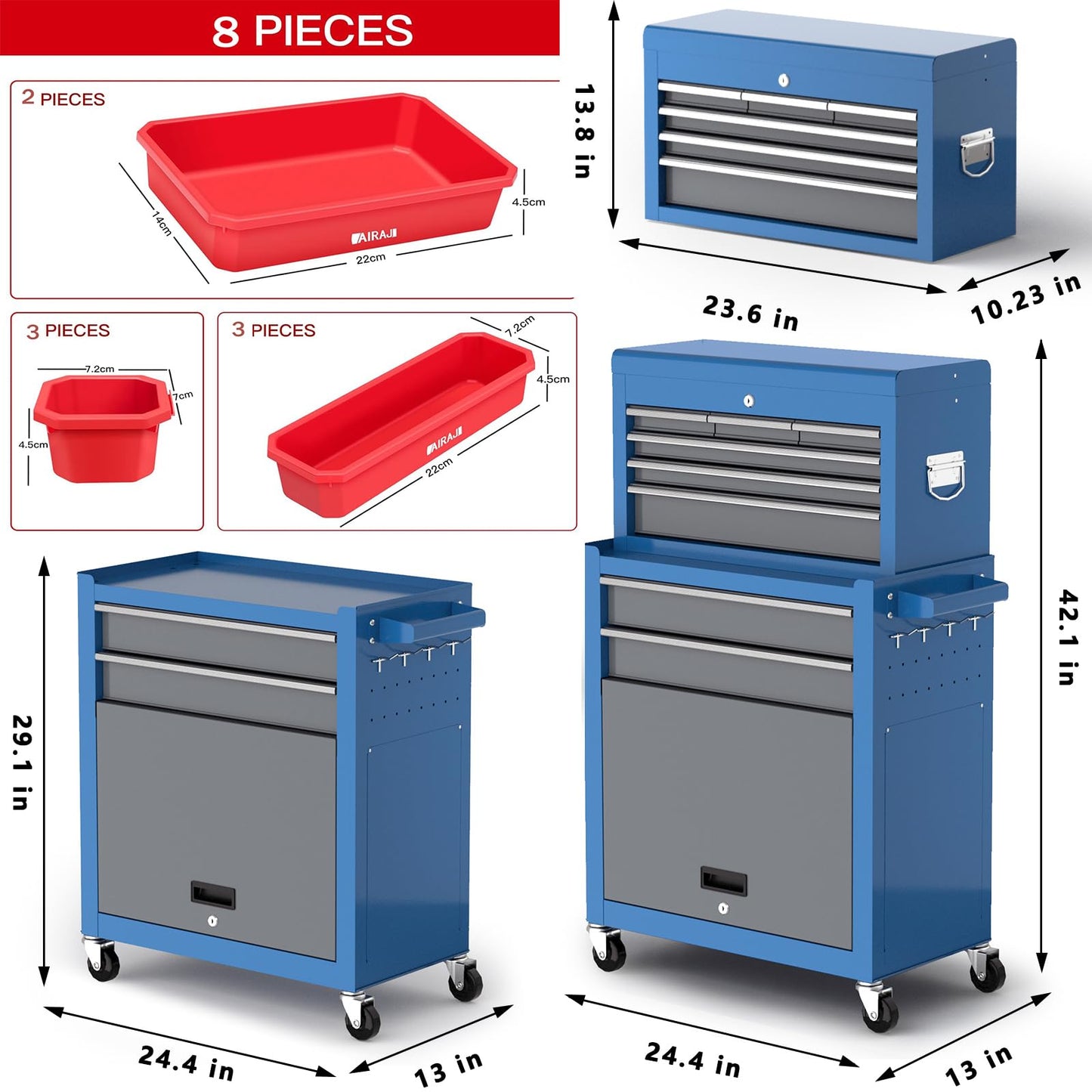 Tool Chest 8-Drawer | 42'' Large Rolling Tool Chest with Wheels | Detachable Top Metal Tool Box | Garage Storage Cabinet for Repair Room,Warehouse | Rolling Tool Box with Hooks,Liners,Tray Divider