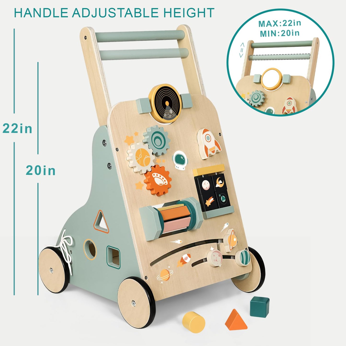 MILEFUN Adjustable Wooden Baby Walker – Montessori Push Toy for 1 Year Old with Rocket-Themed Activity Center, Sit-to-Stand Walker Gift for Boys and Girls