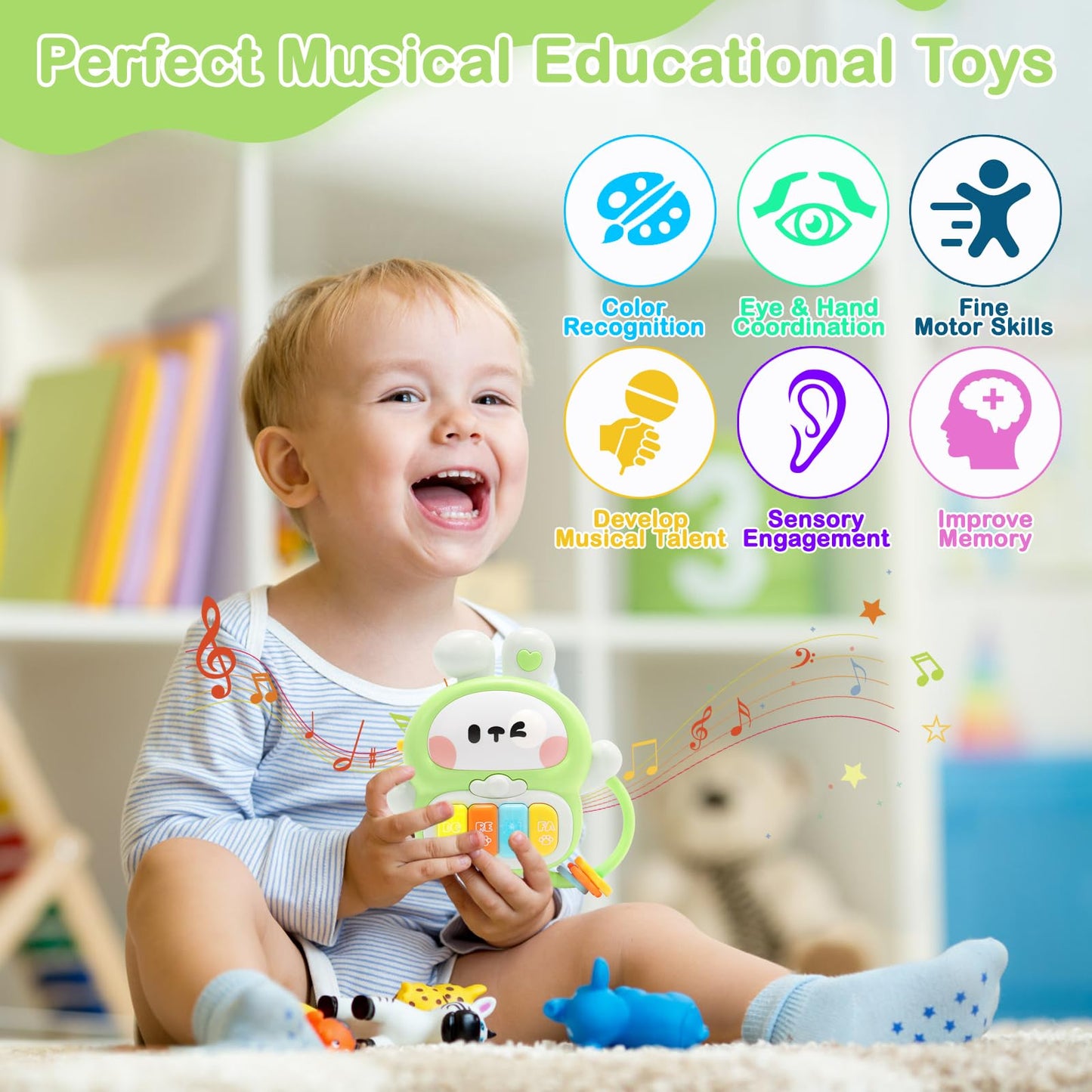 Redbeann Baby Musical Toys 6-12 Months, Rabbit Piano for Baby Musical Toys for Toddlers 1-3, Busy Board with Music & Light, Birthday Toy for Infant Toddler 1 Year Old Boy Girl Gifts (Green)