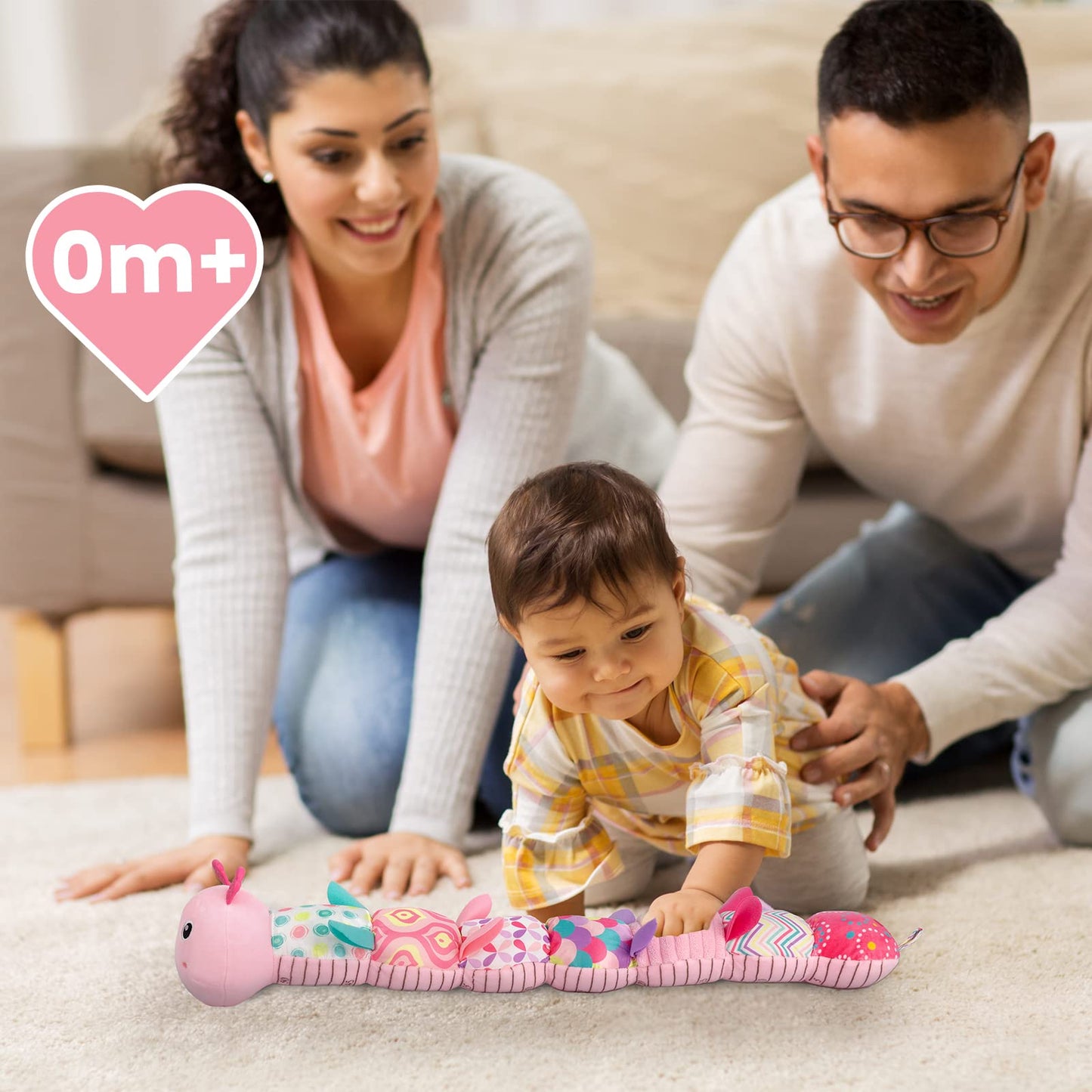 Sumobaby Infant Baby Musical Stuffed Animal Activity Soft Toys with Multi-Sensory Crinkle, Rattle and Textures, for Tummy Time Newborn 0-3-6-12 Months Girls, Caterpillar, Pink