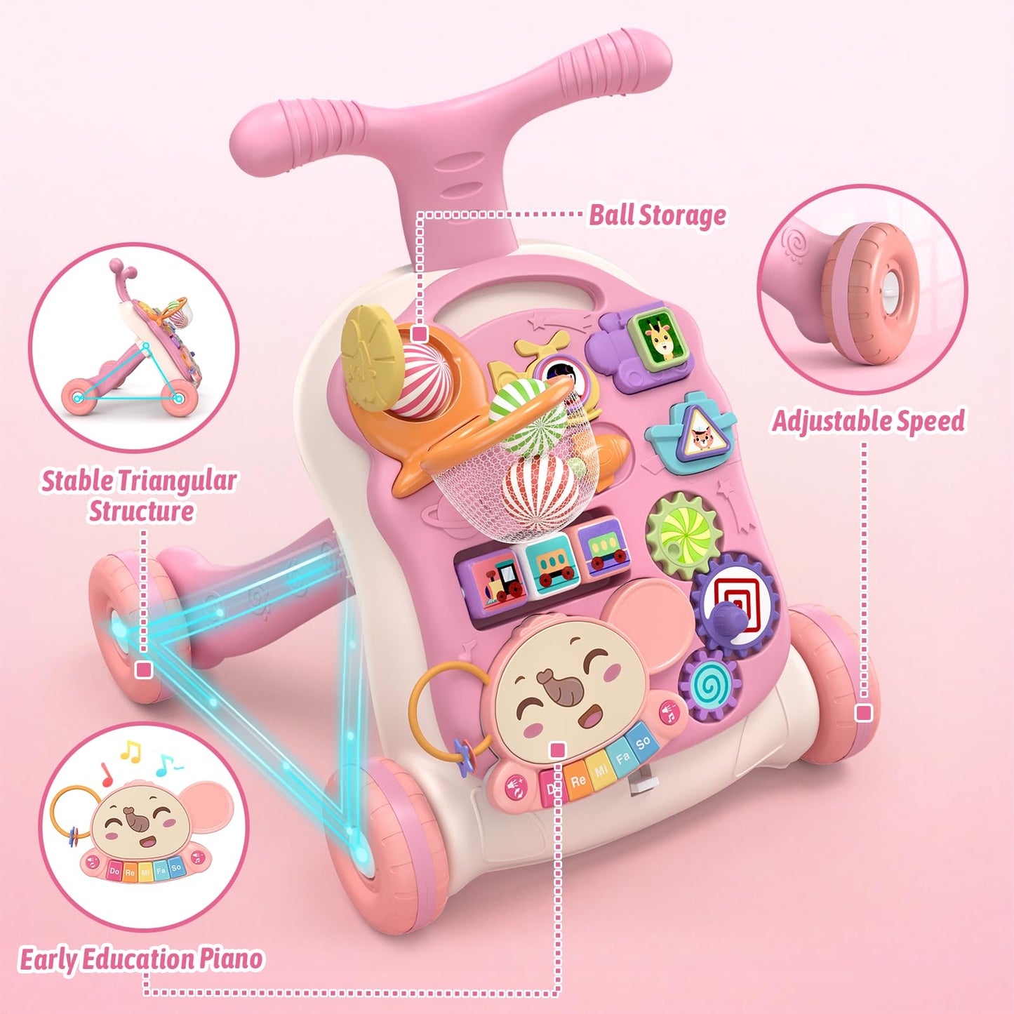 QDRAGON 3 in 1 Baby Walker and Activity Center for Girl, Learning to Walk, Sit to Stand, Early Educational Push Toys with Music Panel for Infant Toddler 12+ Months Pink