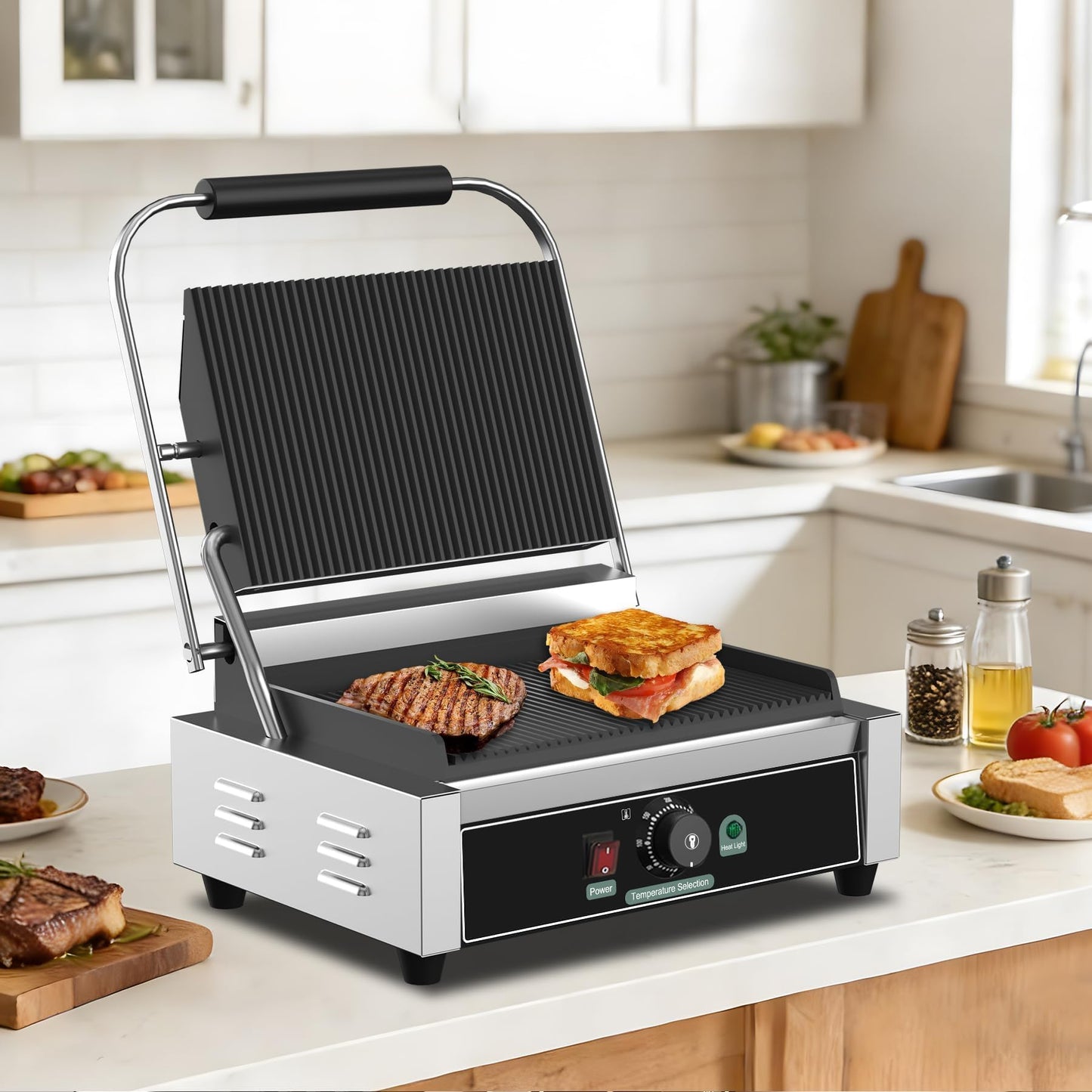 Culistra Commercial Panini Grill, 1700W Electric Sandwich Panini Maker, 50-300℃(120-570℉), Stainless Steel Sandwich Press Grill, for Catering, Restaurant, Snack Stand, CE Certified